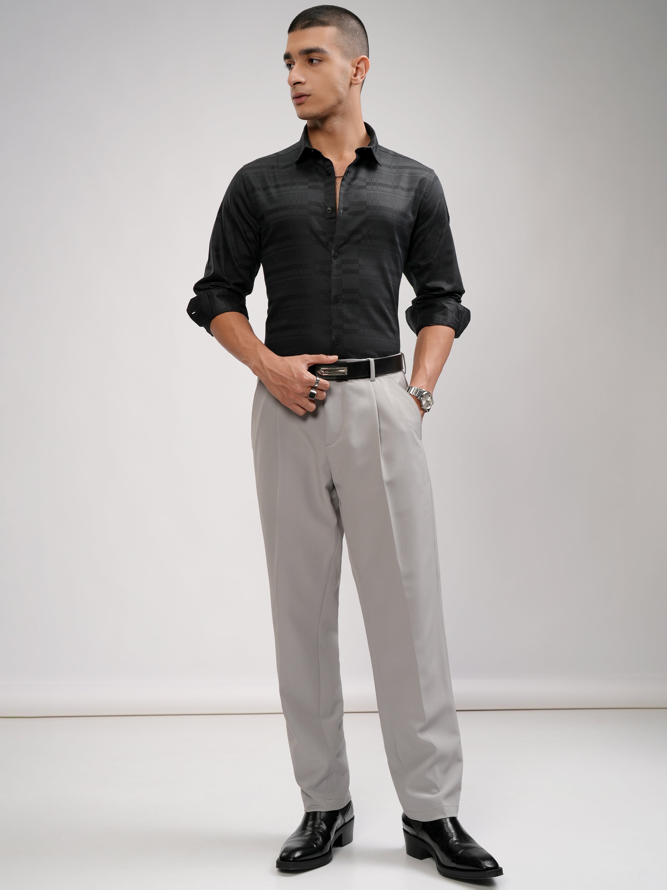 Highlander Men Black Self Design Slim Fit Casual Shirt - Black - Image 2