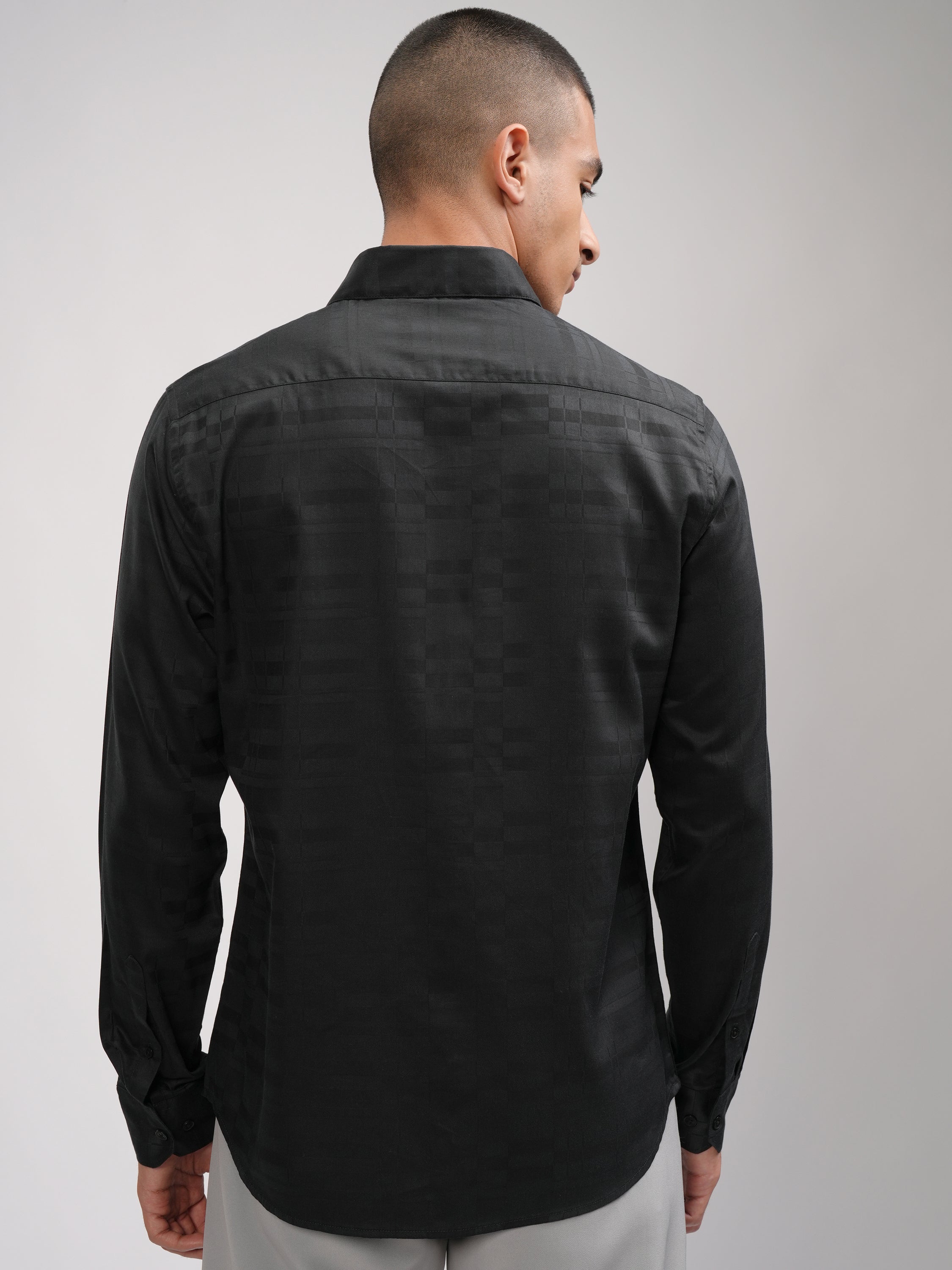 Highlander Men Black Self Design Slim Fit Casual Shirt - Black - Image 3