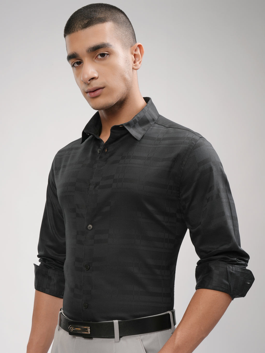 Highlander Men Black Self Design Slim Fit Casual Shirt - Black - Image 4