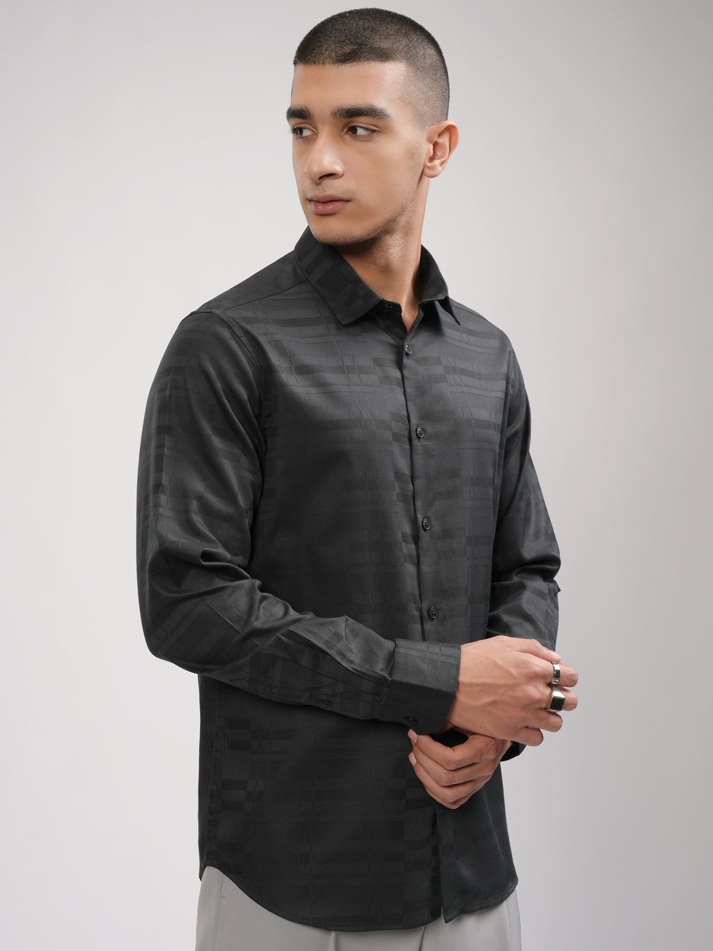 Highlander Men Black Self Design Slim Fit Casual Shirt - Black - Image 6