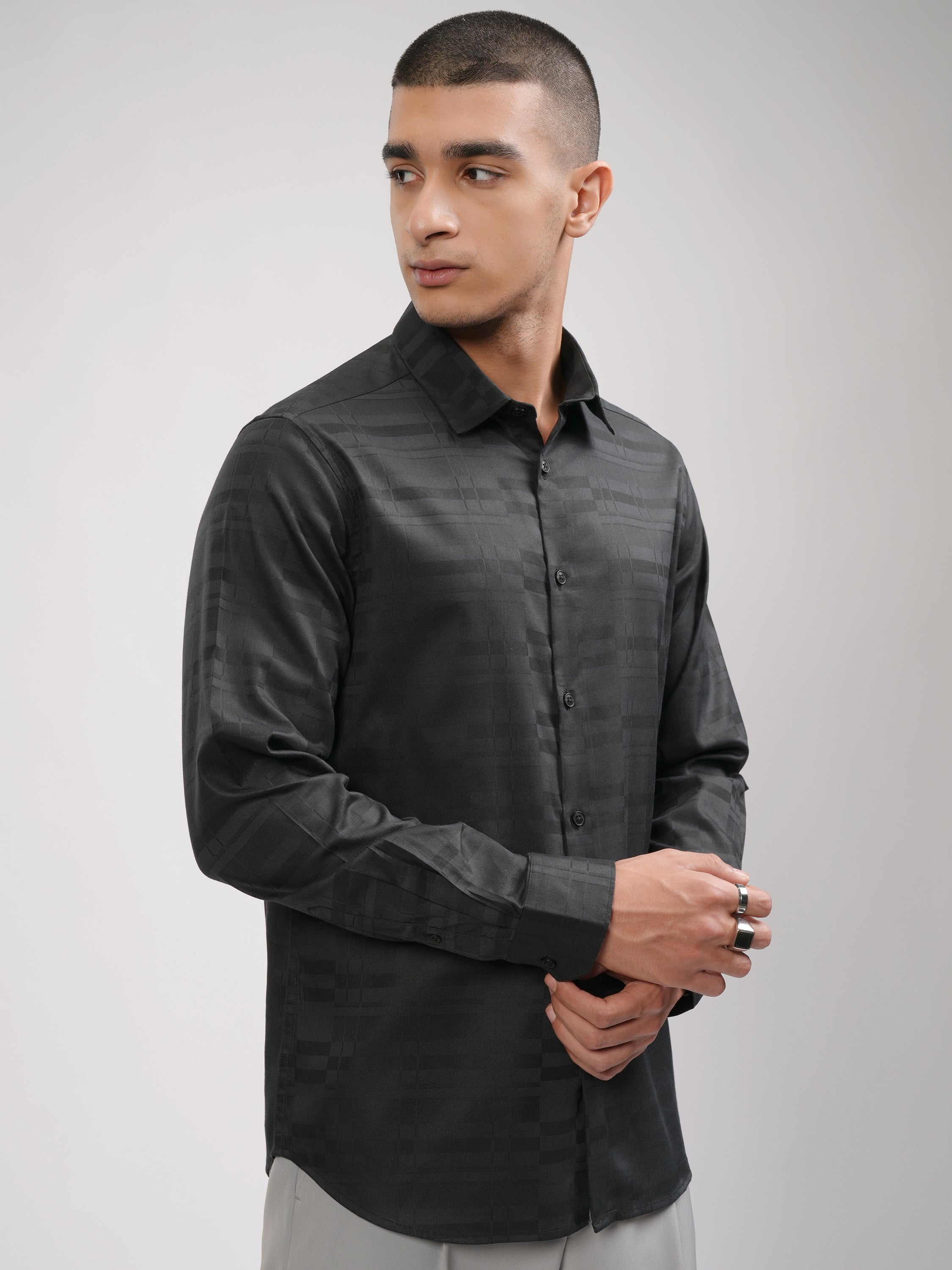 Highlander Men Black Self Design Slim Fit Casual Shirt - Black - Image 6