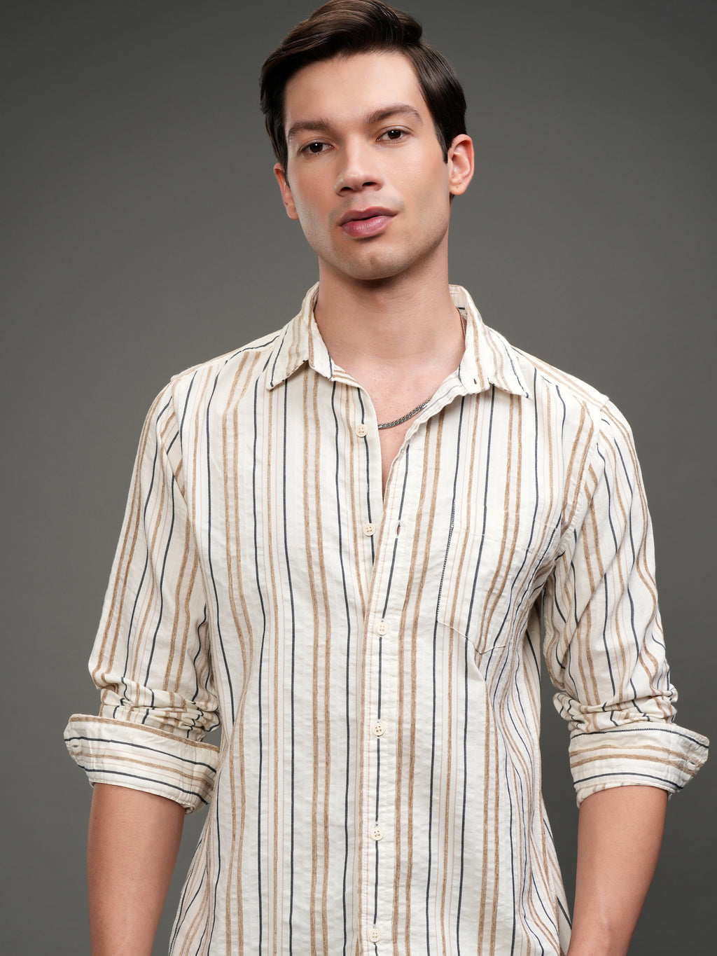 Highlander Men Off White Striped Slim Fit Casual Shirt - Off White - Image 1