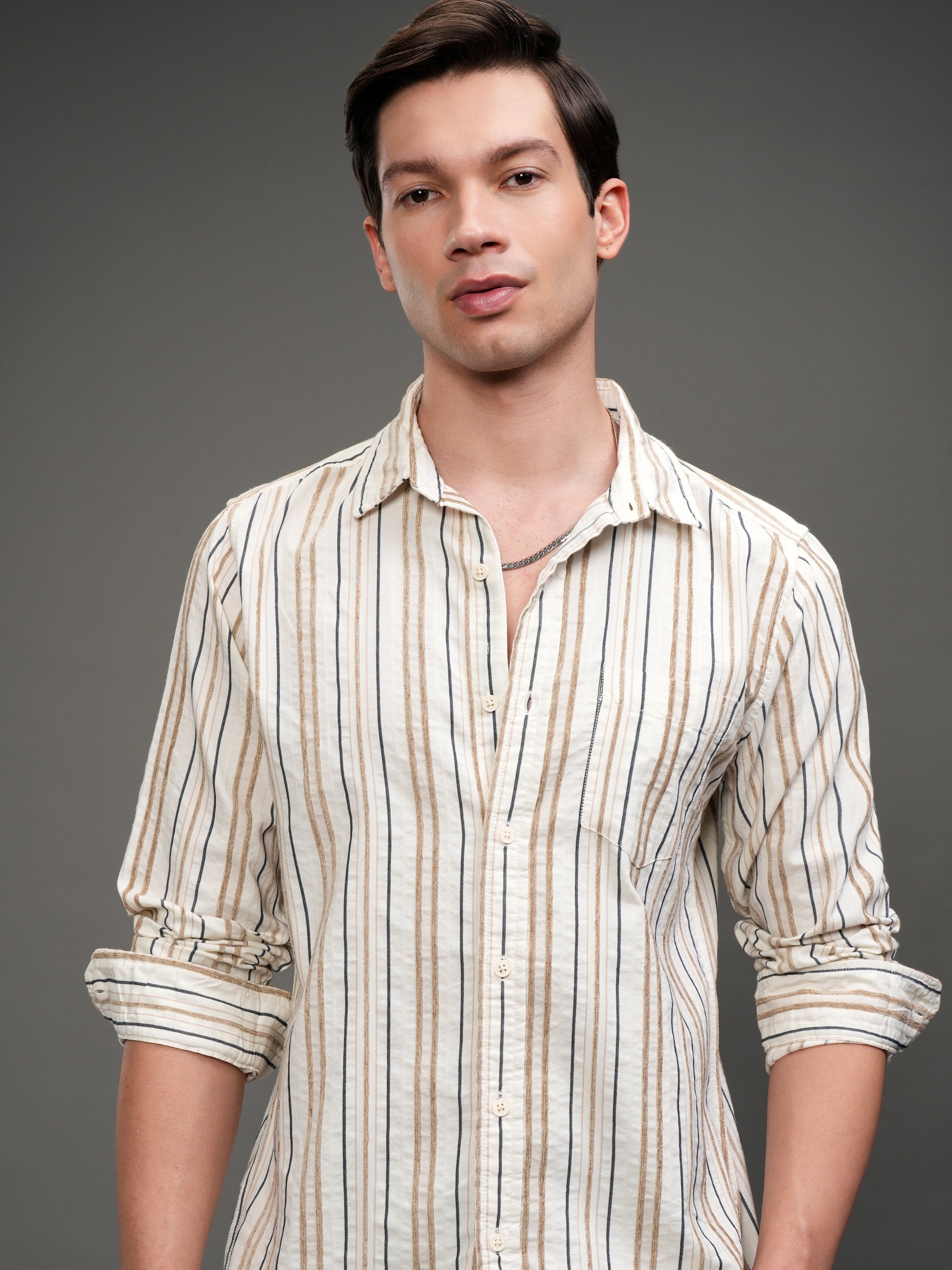 Highlander Men Off White Striped Slim Fit Casual Shirt - Off White - Image 1