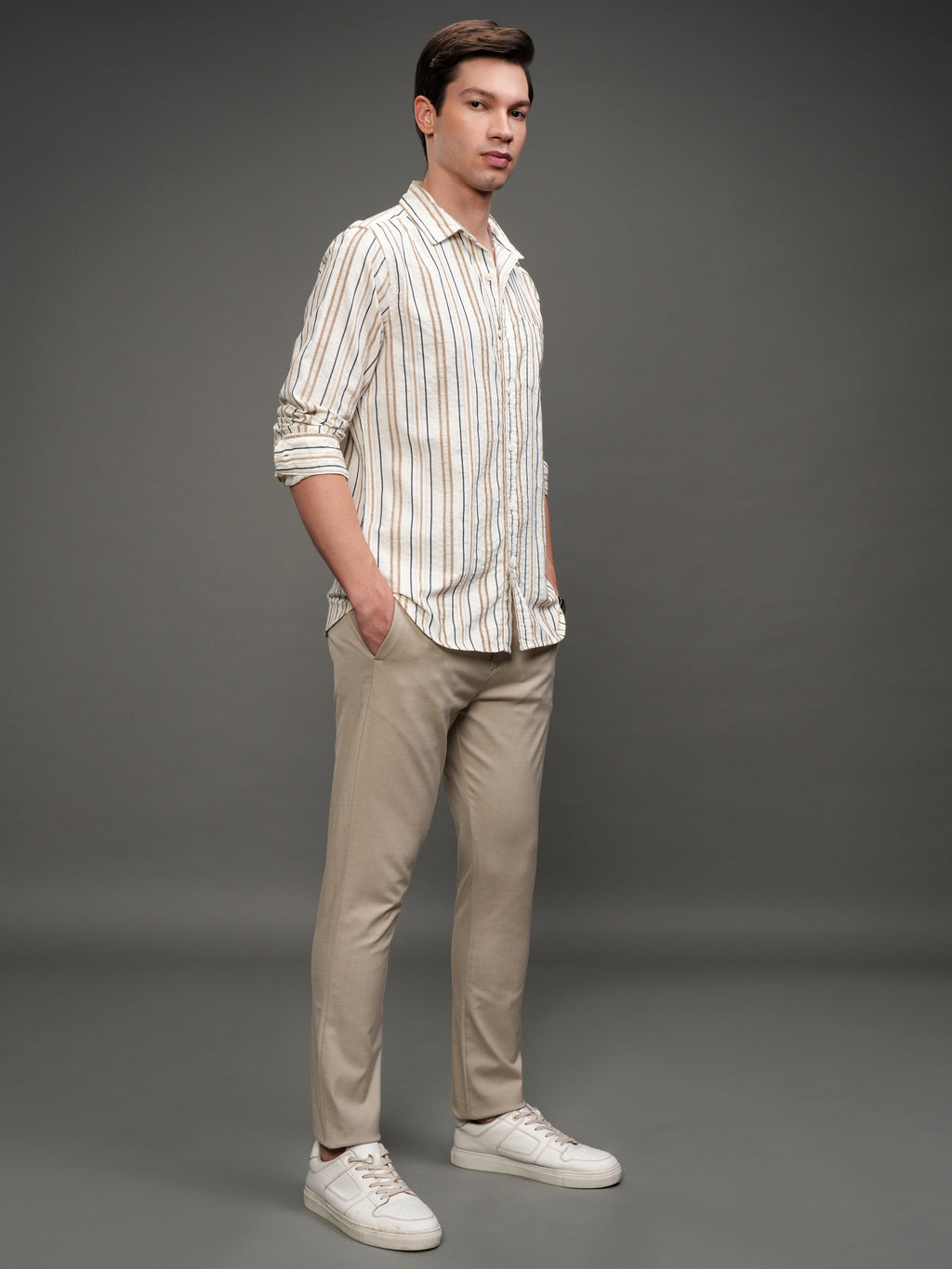 Highlander Men Off White Striped Slim Fit Casual Shirt - Off White - Image 2