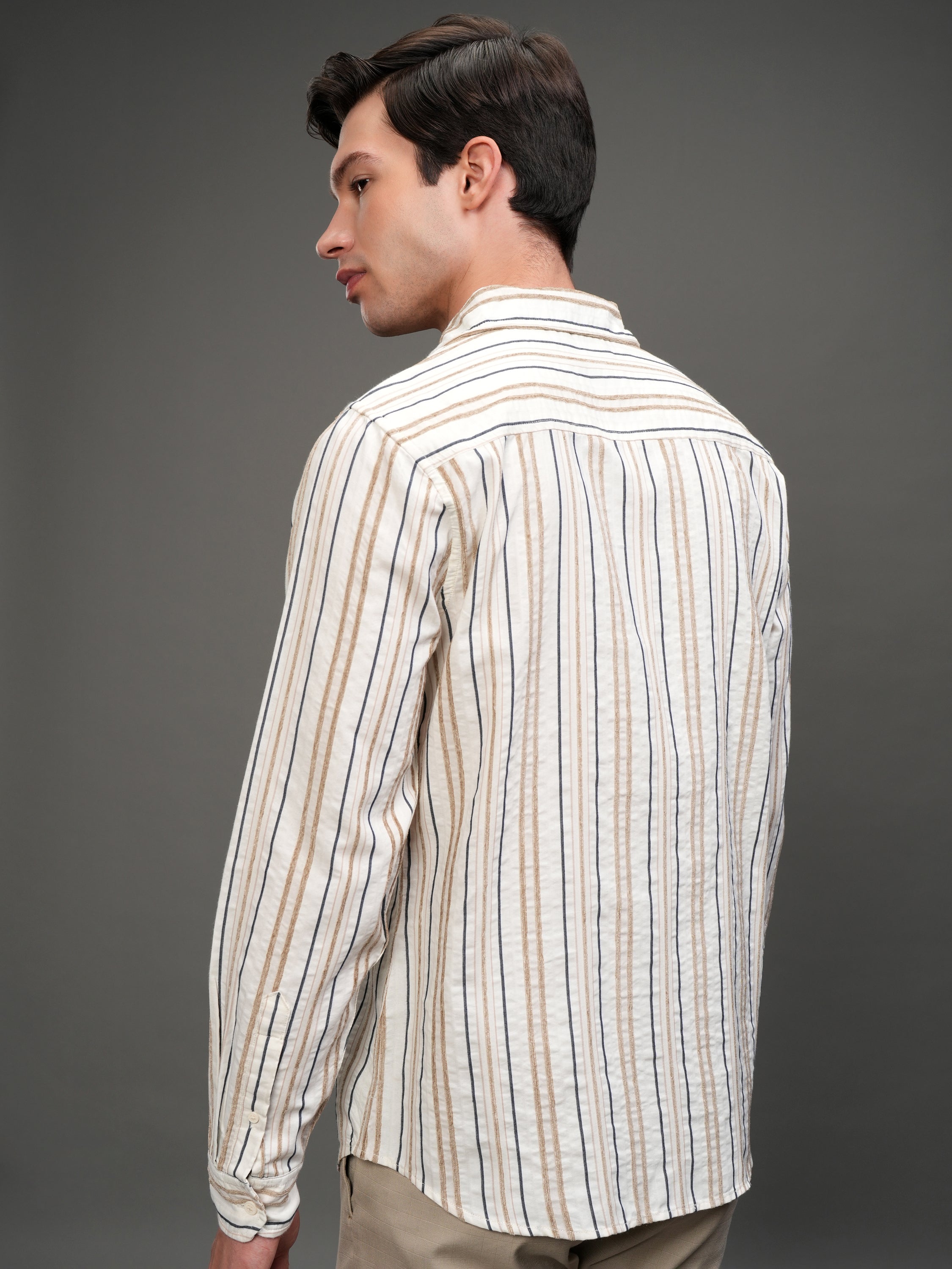 Highlander Men Off White Striped Slim Fit Casual Shirt - Off White - Image 3