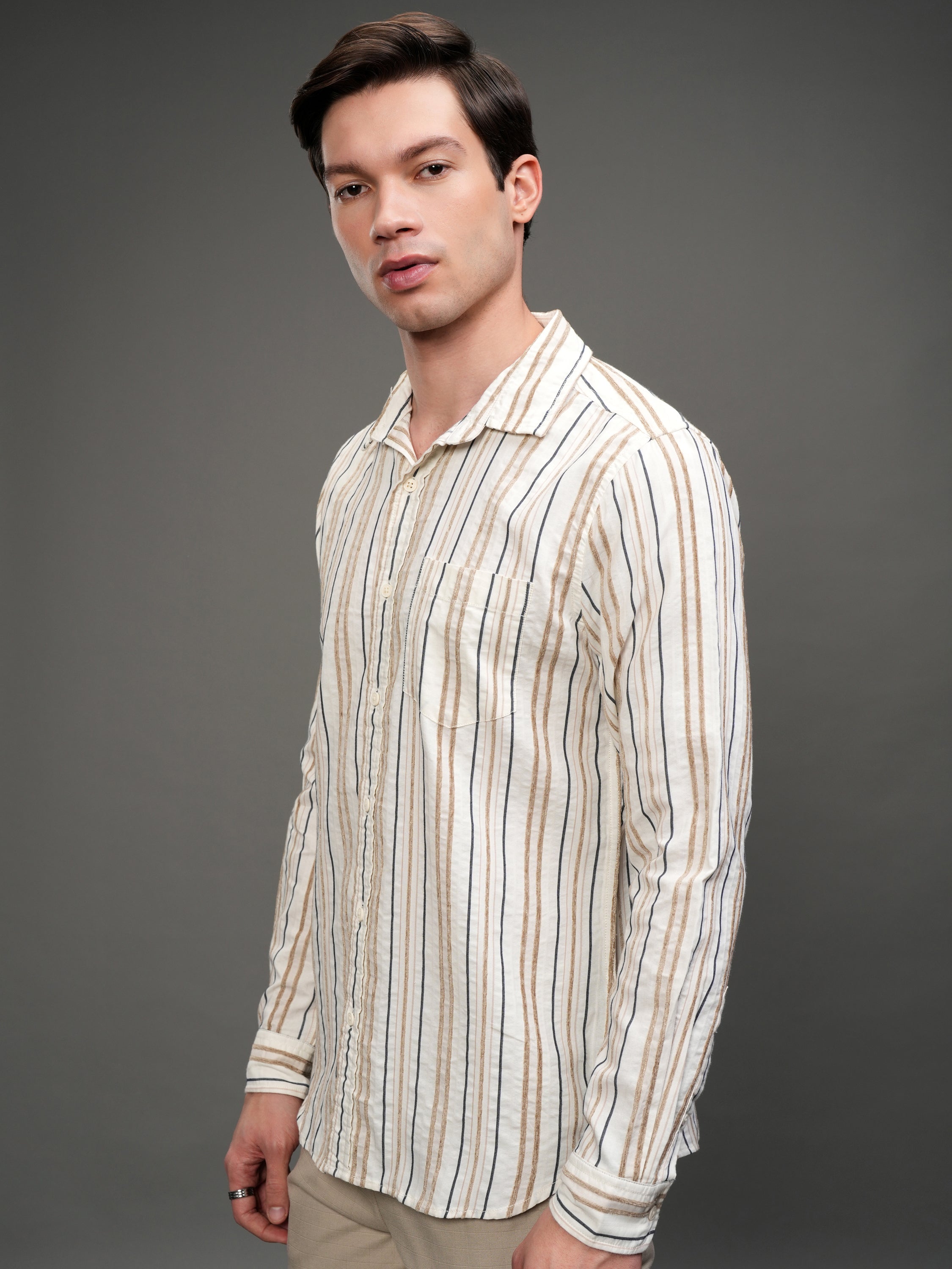 Highlander Men Off White Striped Slim Fit Casual Shirt - Off White - Image 4