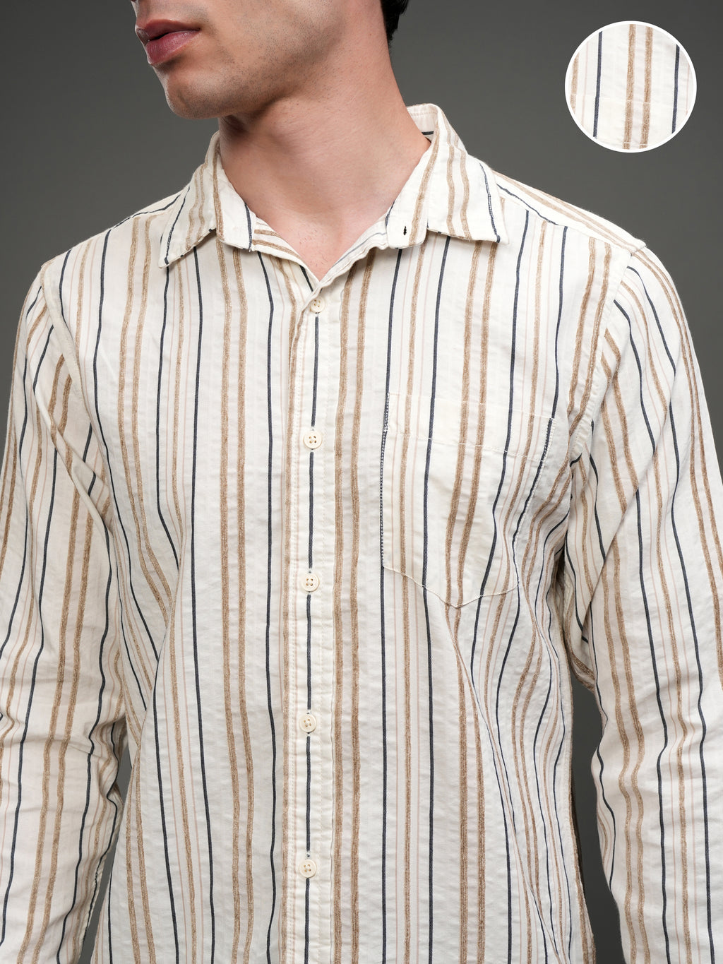 Highlander Men Off White Striped Slim Fit Casual Shirt - Off White - Image 5