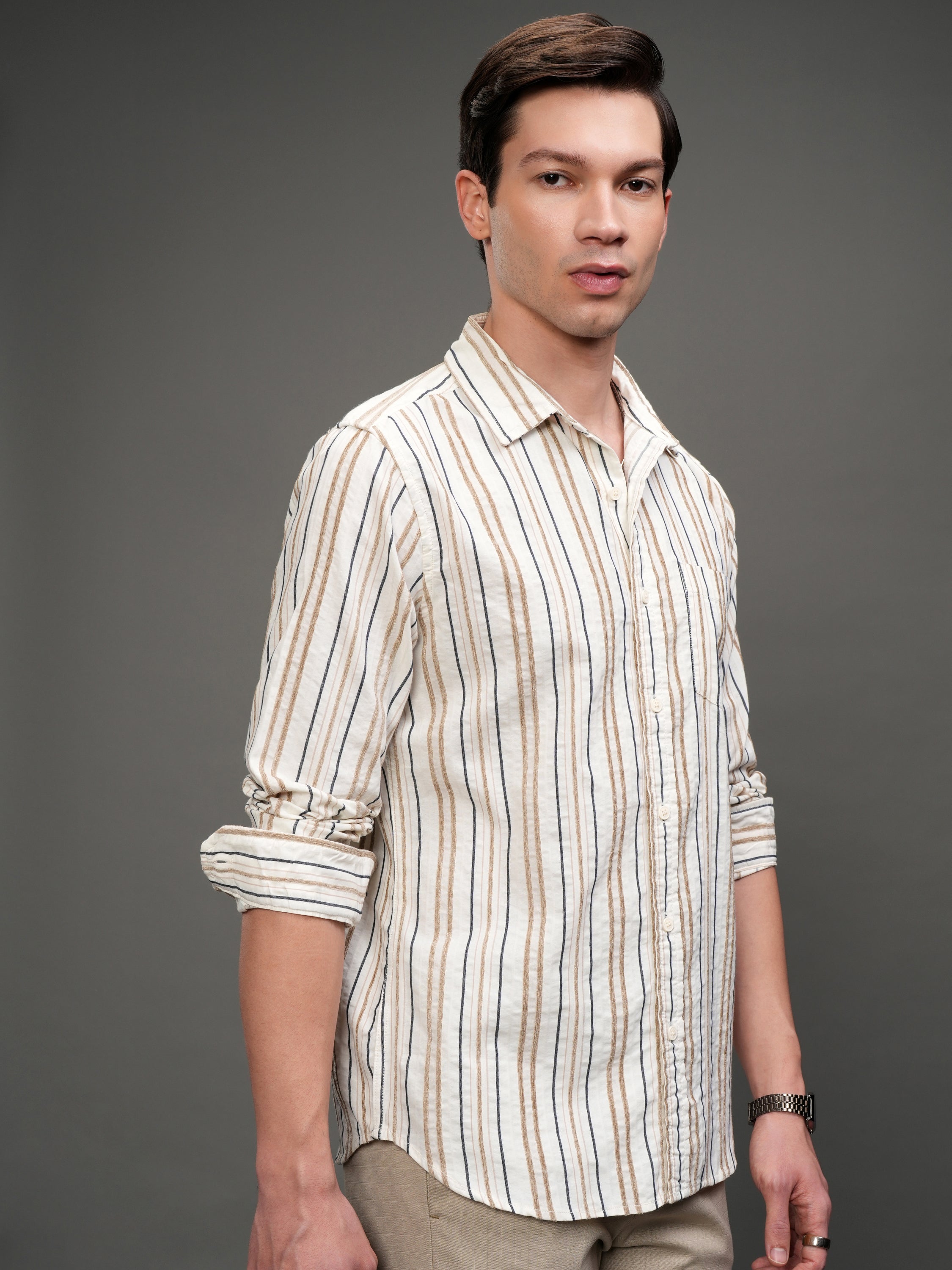 Highlander Men Off White Striped Slim Fit Casual Shirt - Off White - Image 6
