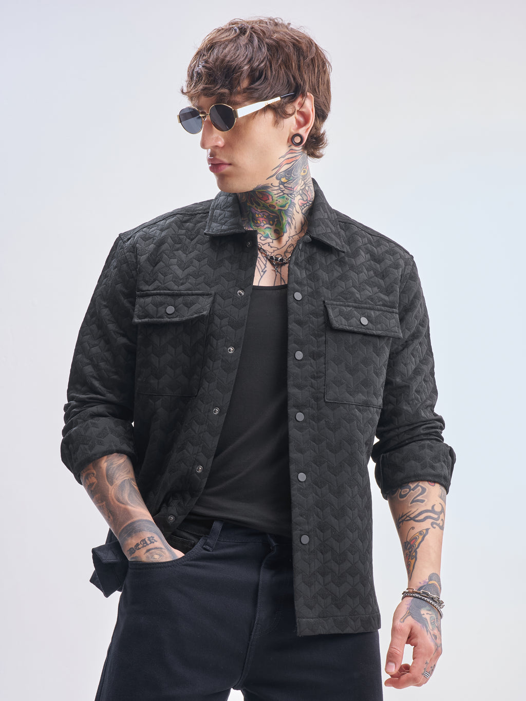 Highlander Men Black Self Design Relaxed Fit Casual Shirt - Black - Image 1