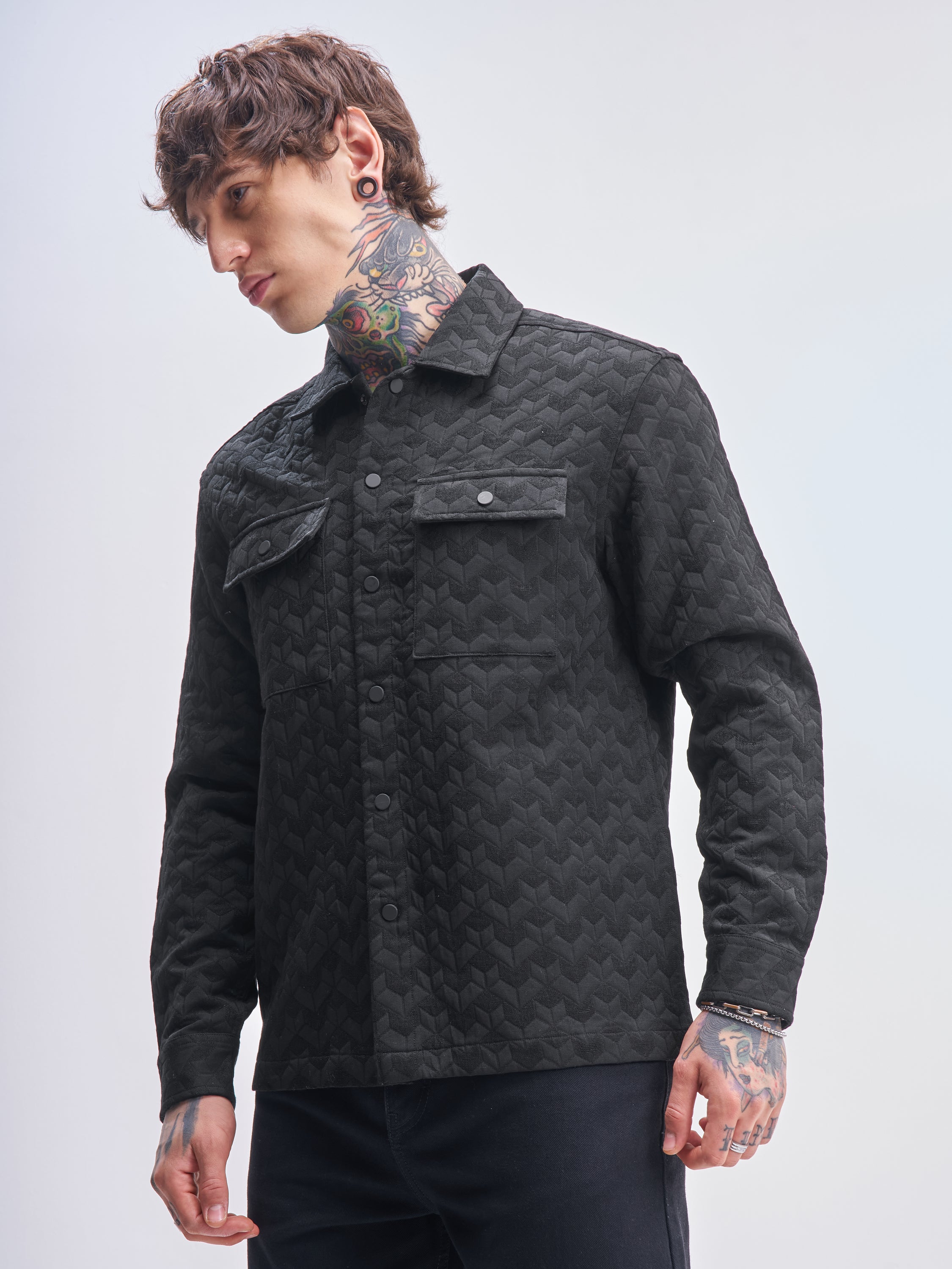 Highlander Men Black Self Design Relaxed Fit Casual Shirt - Black - Image 4
