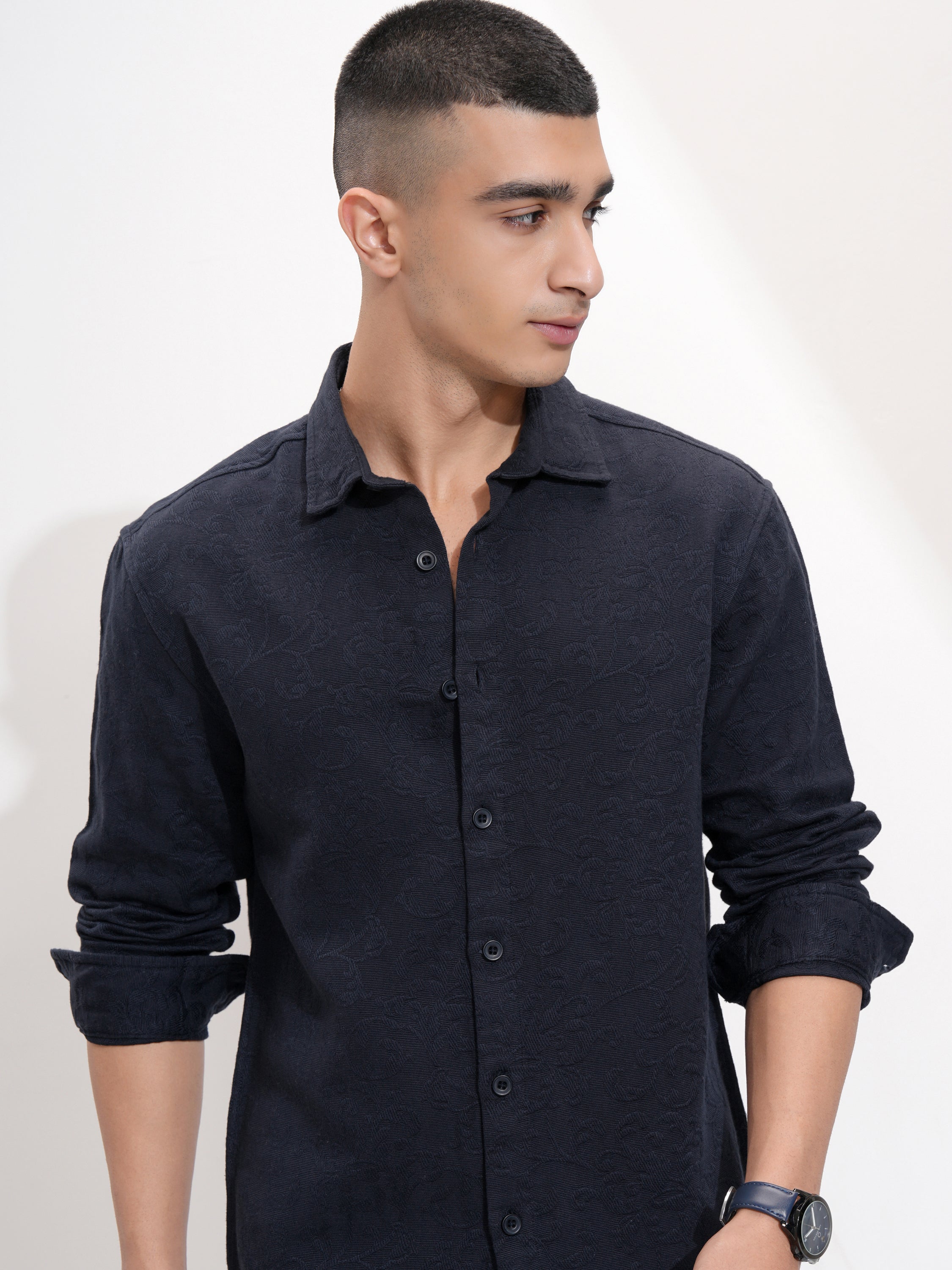 Highlander Men Navy Blue Self Design Relaxed Fit Casual Shirt - Navy Blue - Image 1