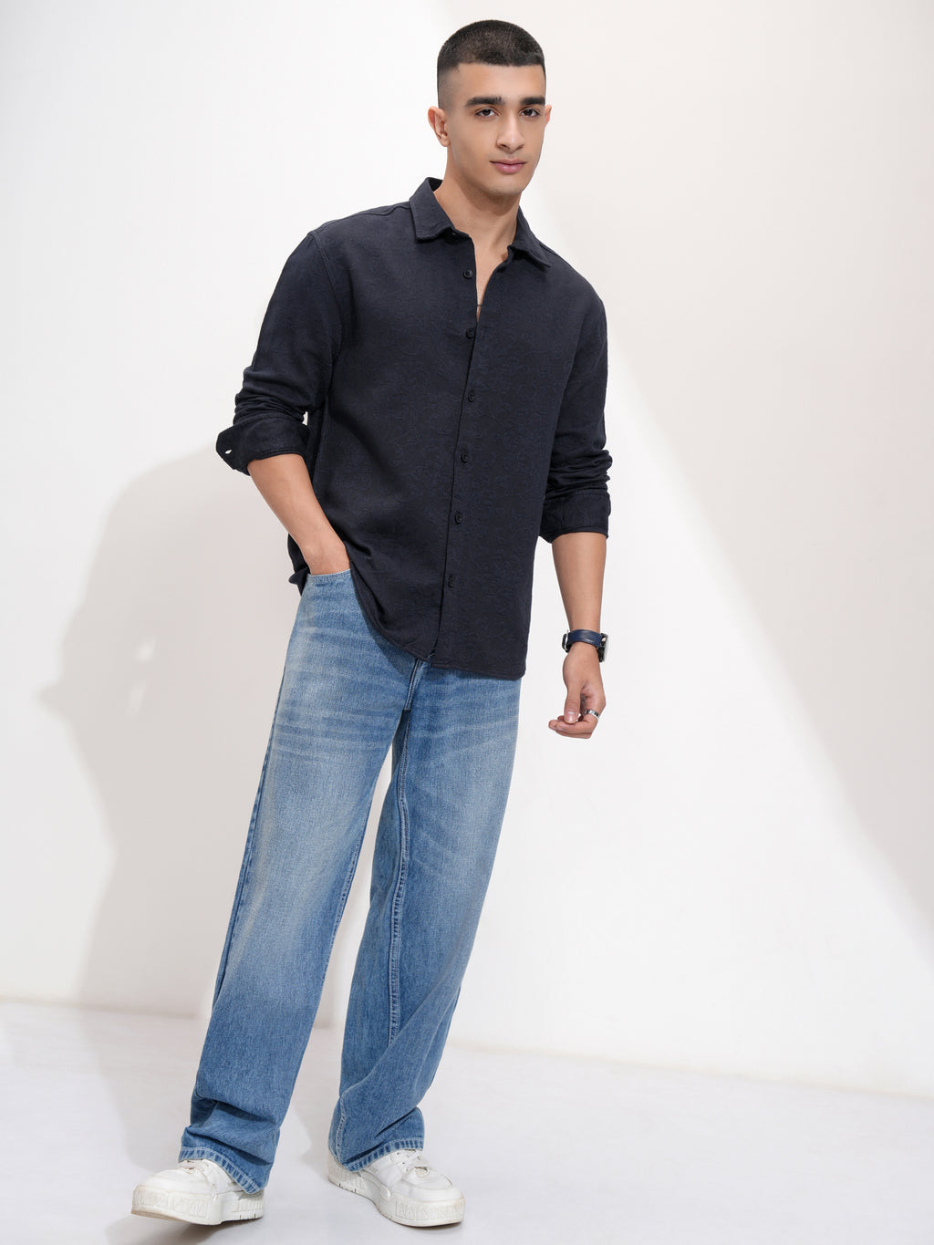 Highlander Men Navy Blue Self Design Relaxed Fit Casual Shirt - Navy Blue - Image 2