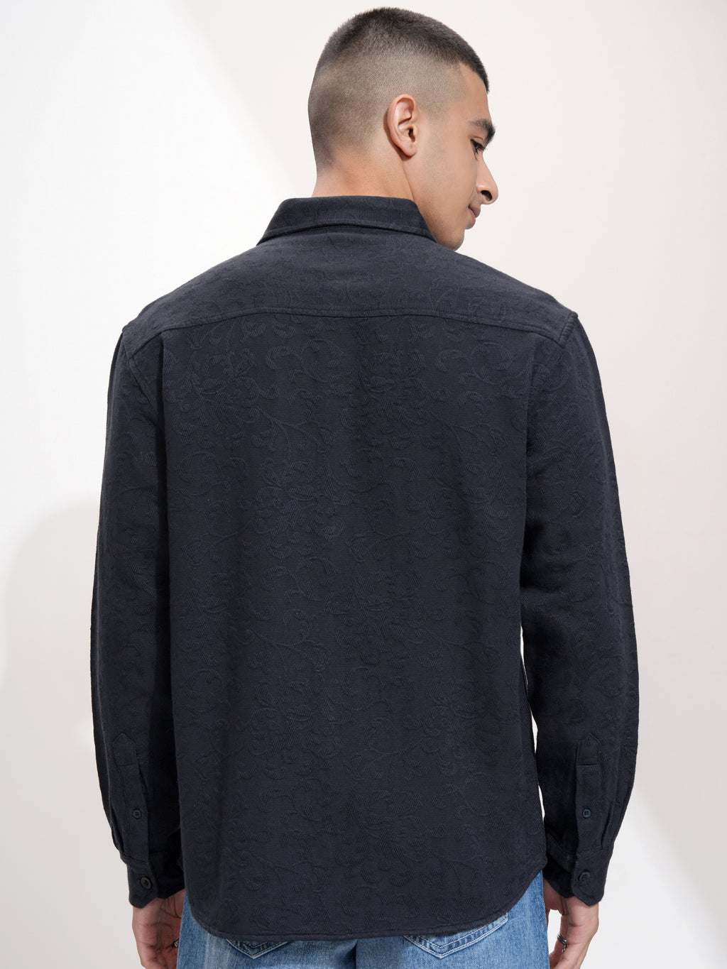Highlander Men Navy Blue Self Design Relaxed Fit Casual Shirt - Navy Blue - Image 3