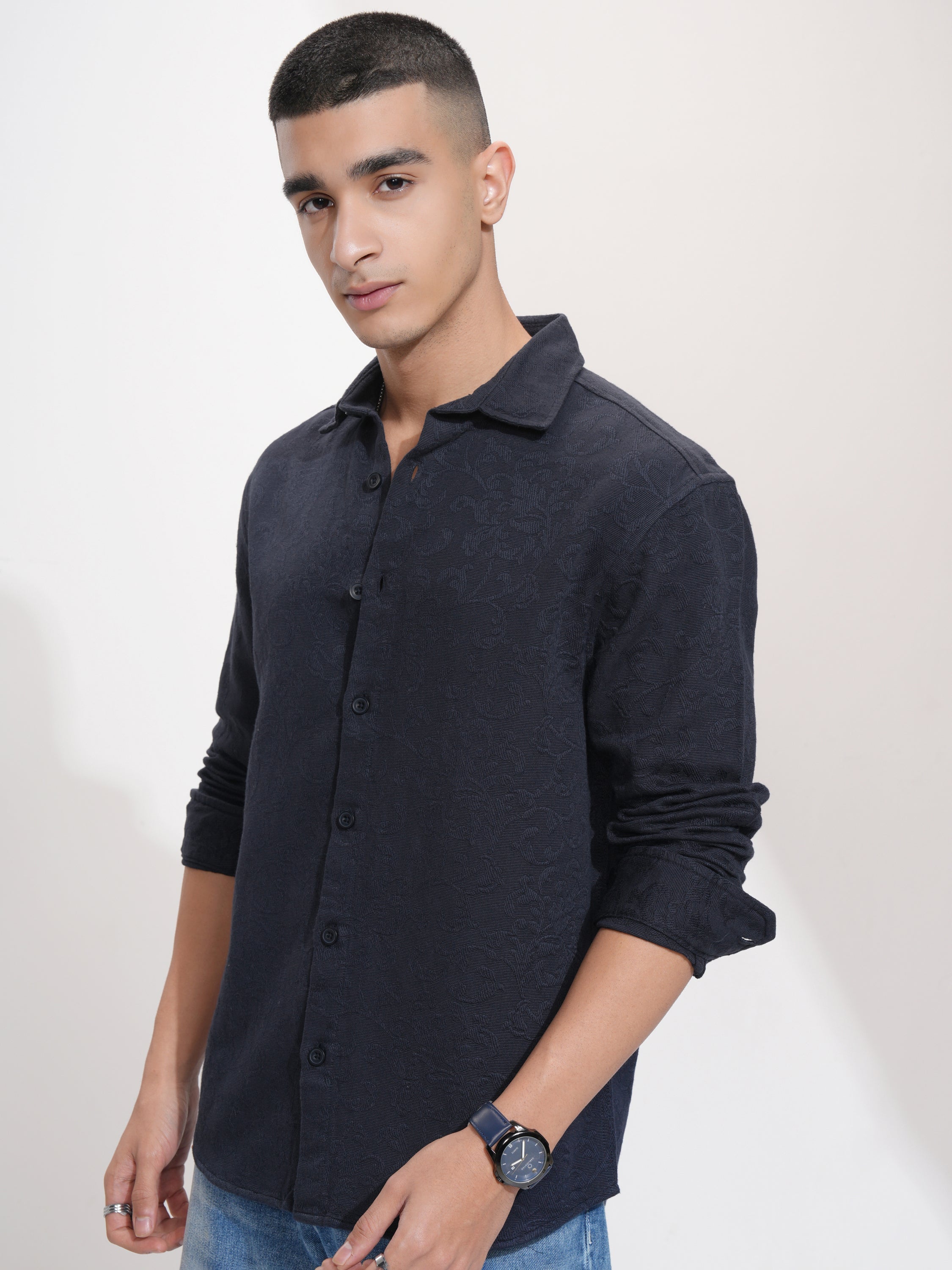 Highlander Men Navy Blue Self Design Relaxed Fit Casual Shirt - Navy Blue - Image 4