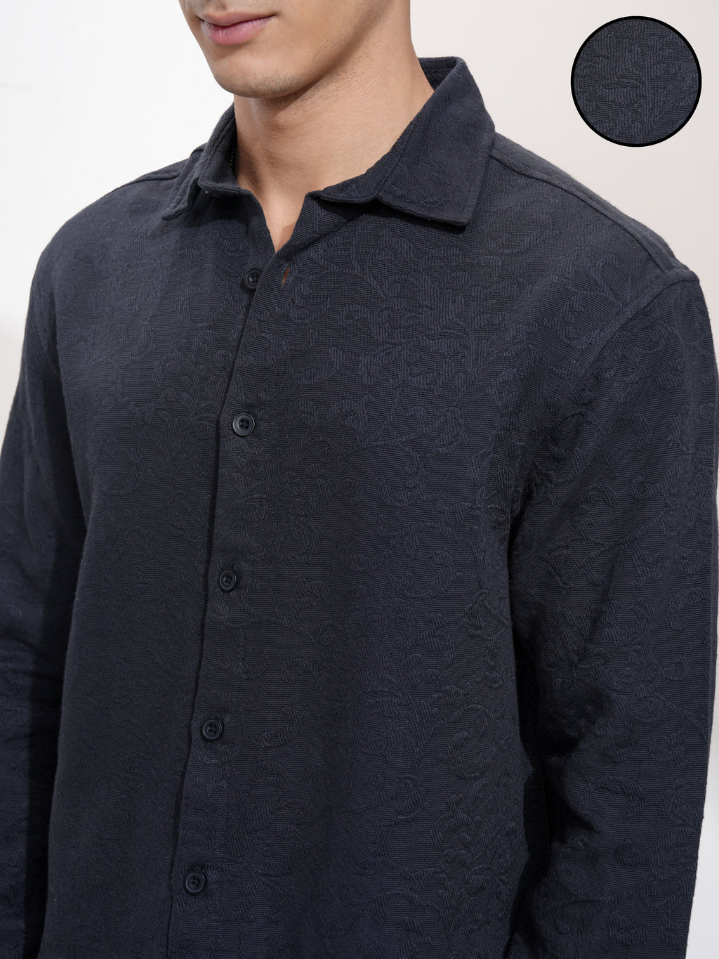 Highlander Men Navy Blue Self Design Relaxed Fit Casual Shirt - Navy Blue - Image 5