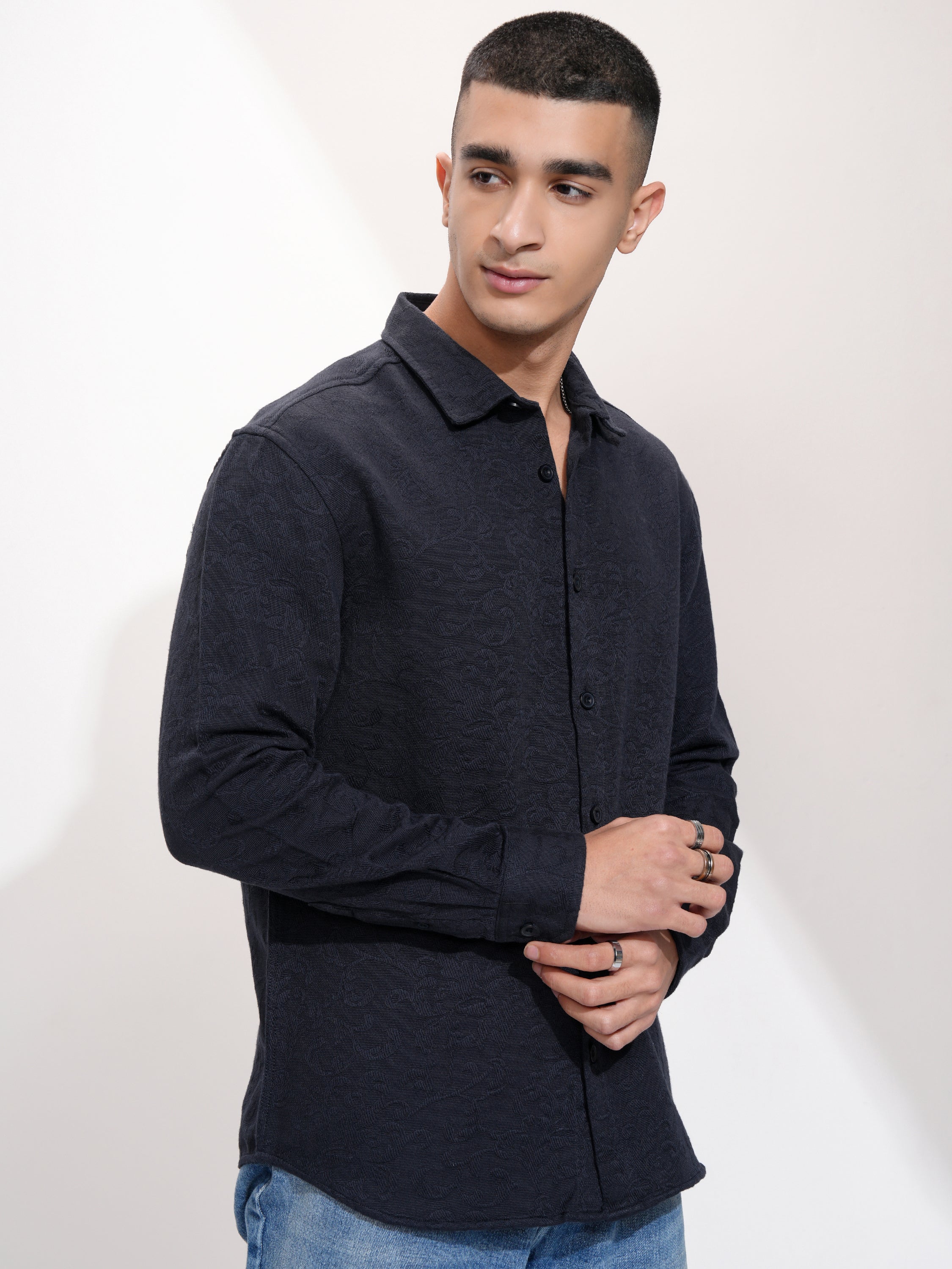 Highlander Men Navy Blue Self Design Relaxed Fit Casual Shirt - Navy Blue - Image 6