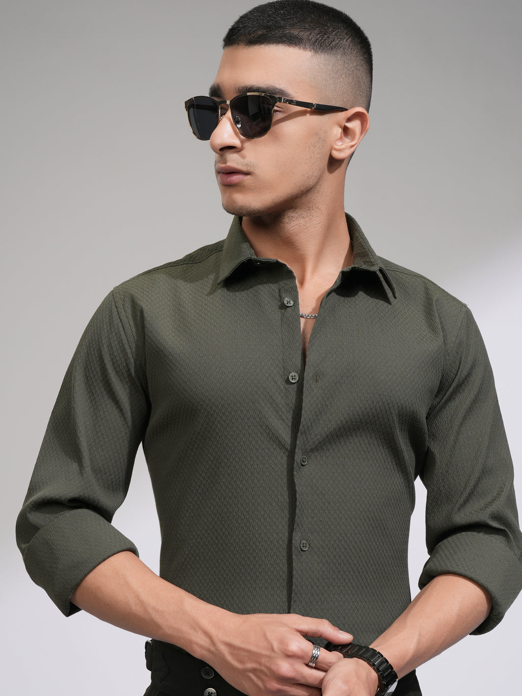 Highlander Men Olive Textured Slim Fit Casual Shirt - Olive - Image 1