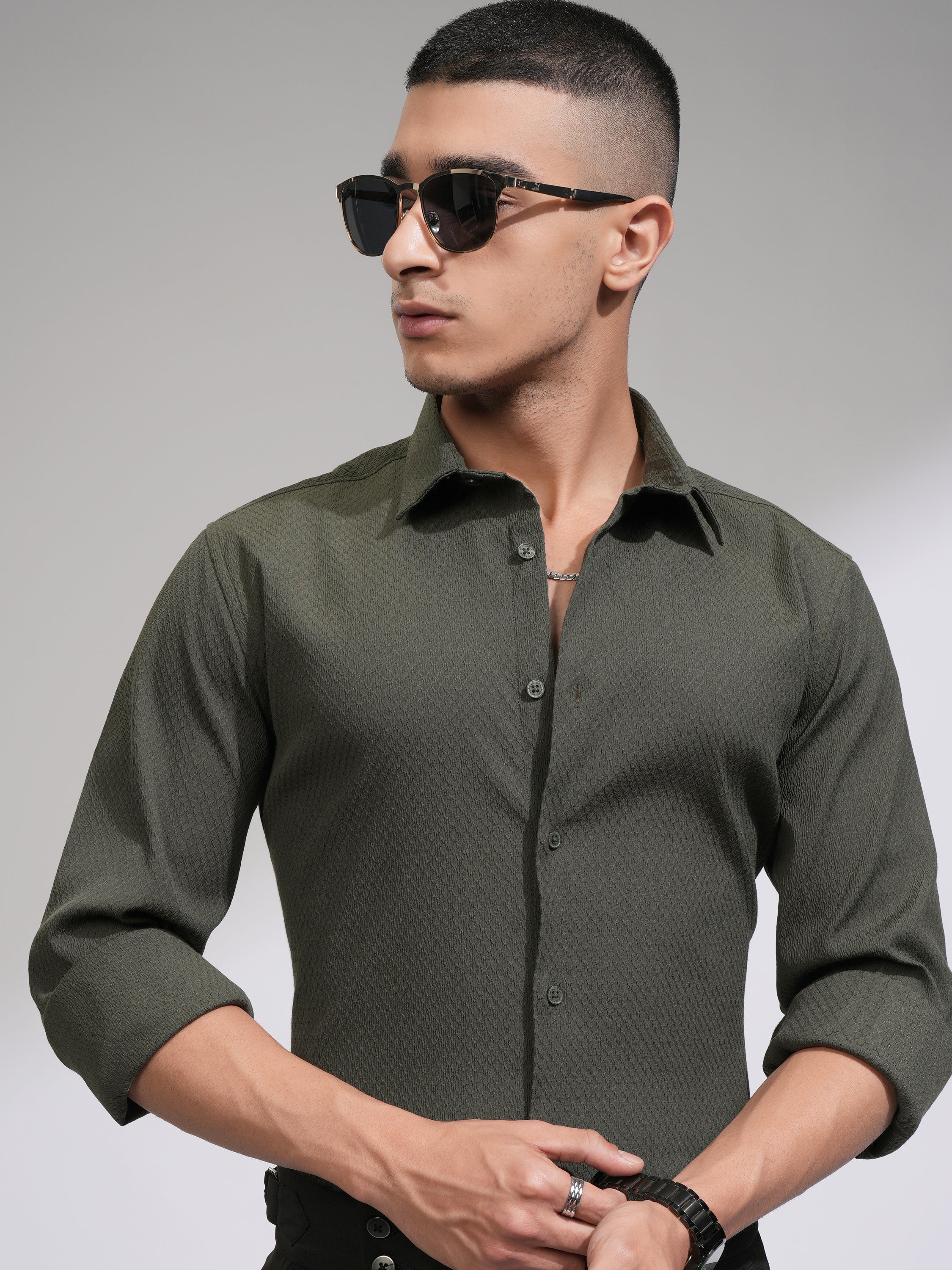 Highlander Men Olive Textured Slim Fit Casual Shirt - Olive - Image 1