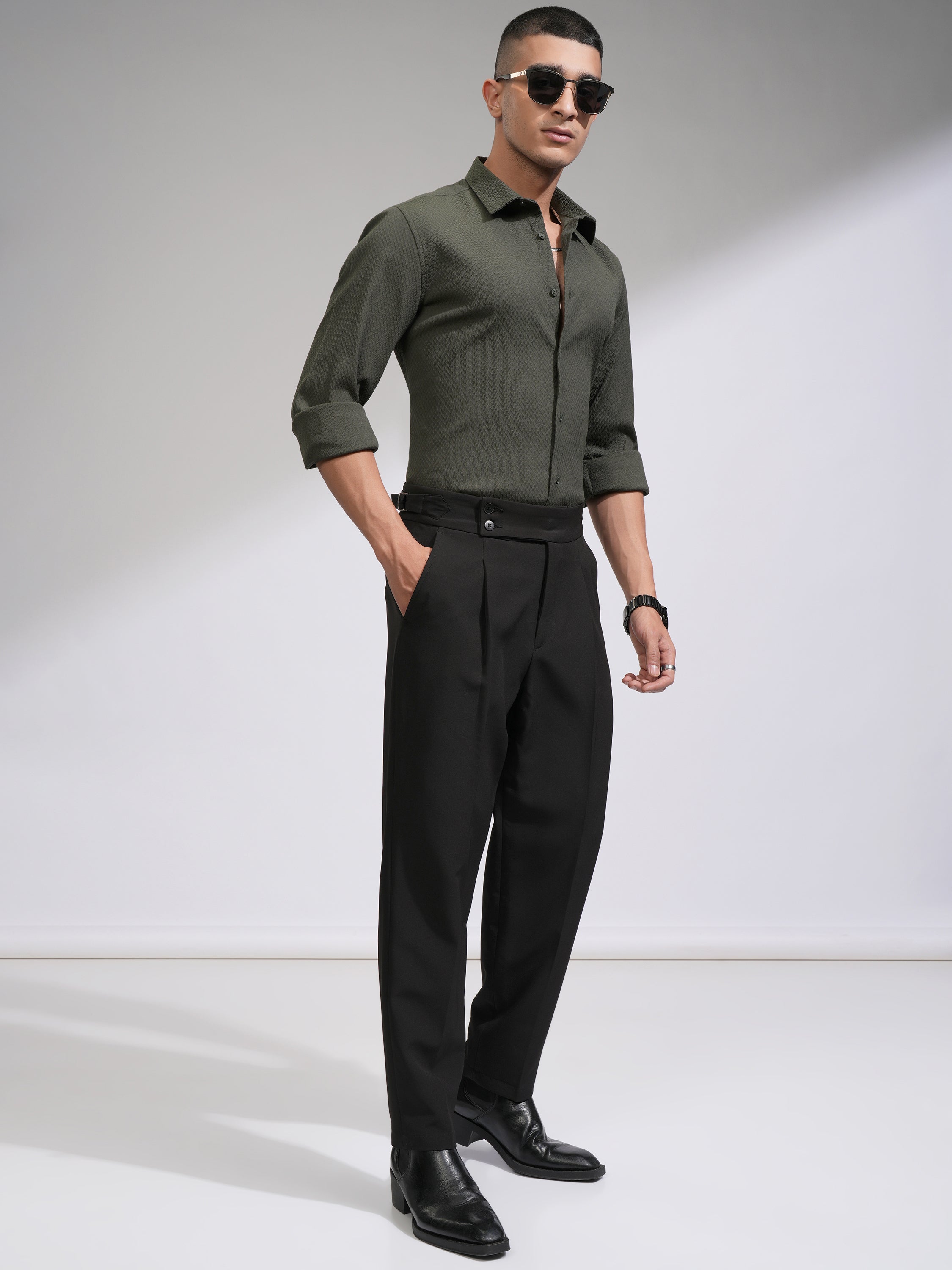Highlander Men Olive Textured Slim Fit Casual Shirt - Olive - Image 2