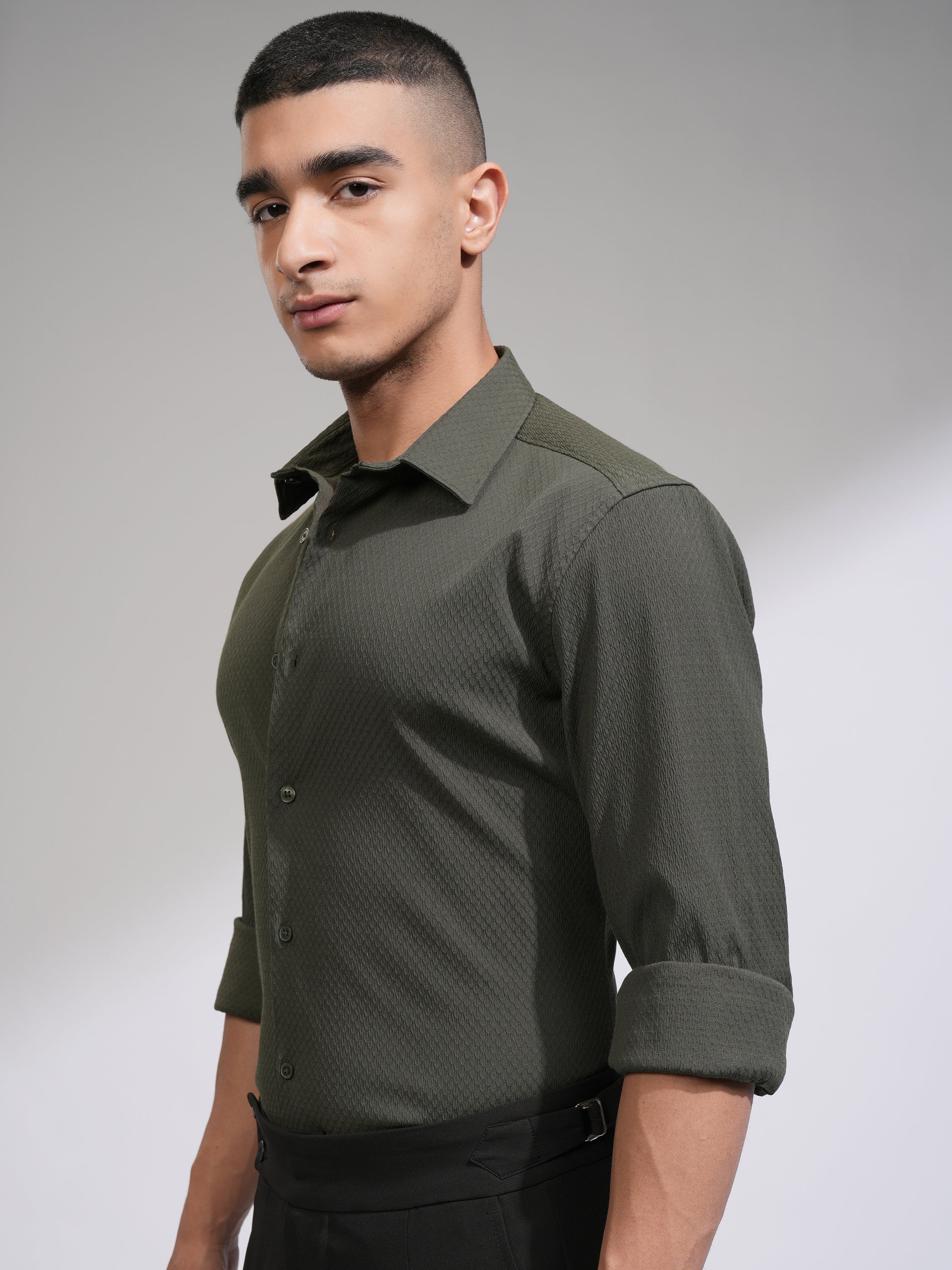 Highlander Men Olive Textured Slim Fit Casual Shirt - Olive - Image 4