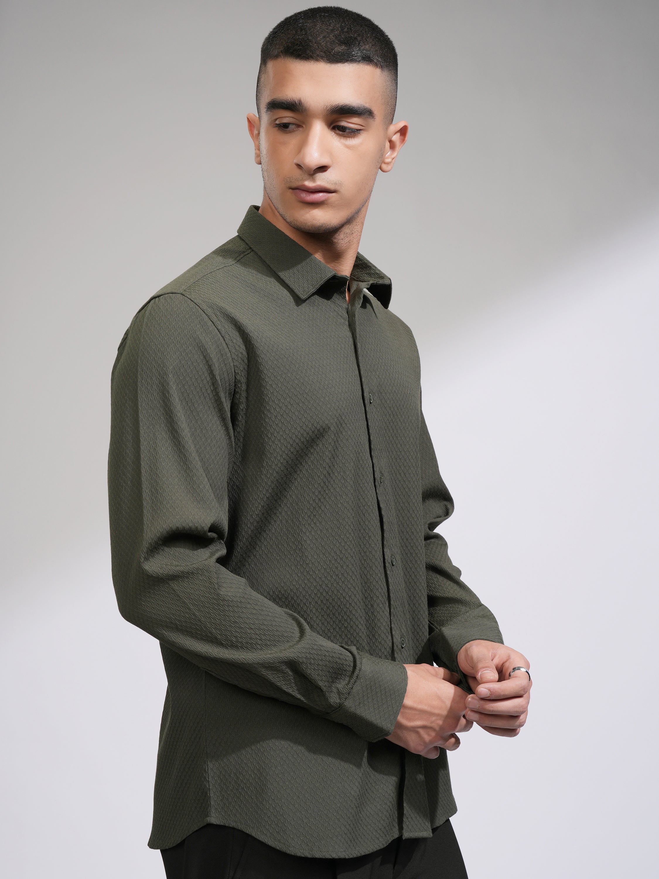 Highlander Men Olive Textured Slim Fit Casual Shirt - Olive - Image 6