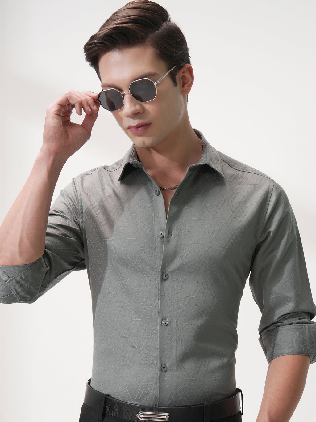 Highlander Men Grey Self Design Slim Fit Casual Shirt - Grey - Image 1