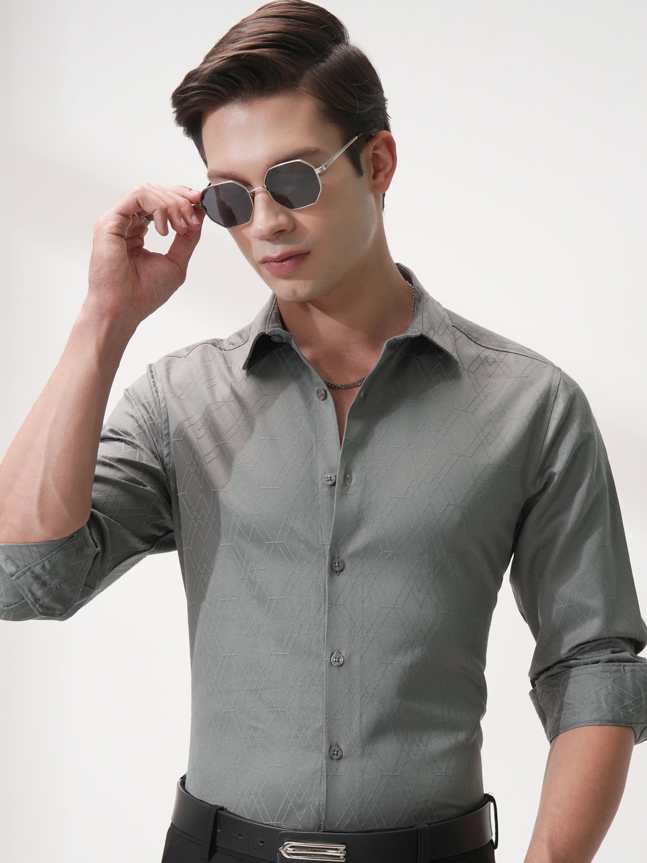 Highlander Men Grey Self Design Slim Fit Casual Shirt - Grey - Image 1