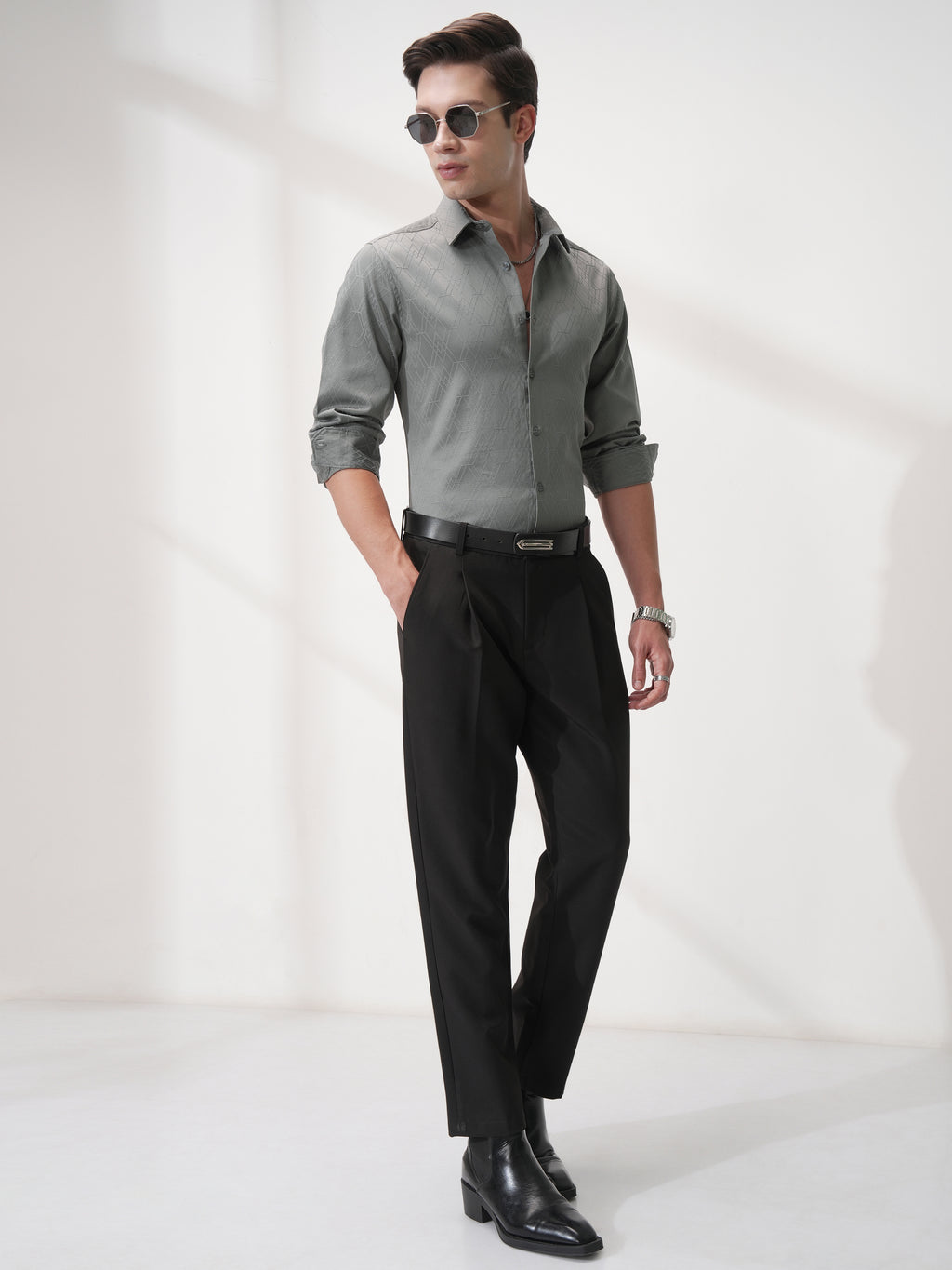 Highlander Men Grey Self Design Slim Fit Casual Shirt - Grey - Image 2