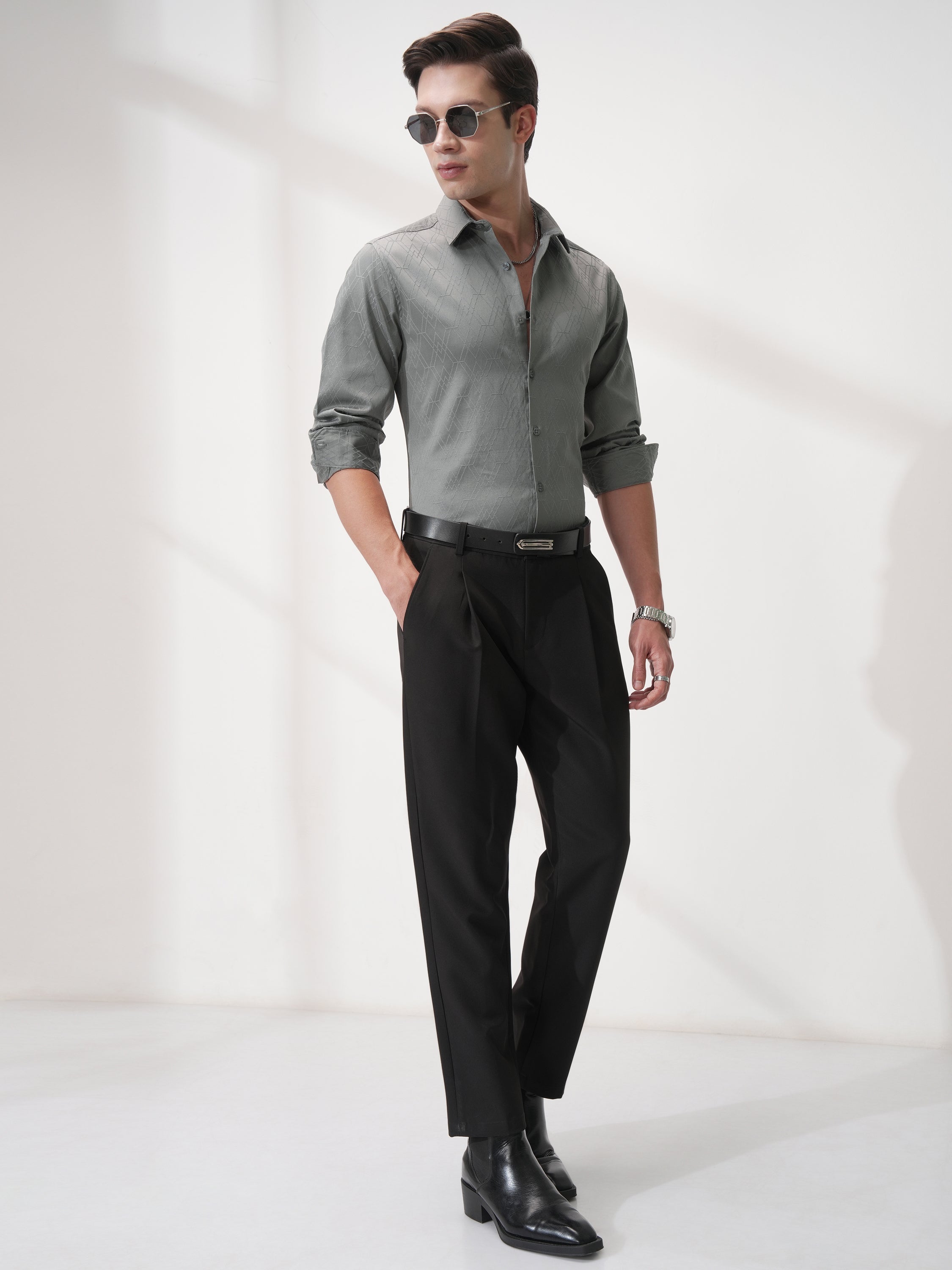 Highlander Men Grey Self Design Slim Fit Casual Shirt - Grey - Image 2