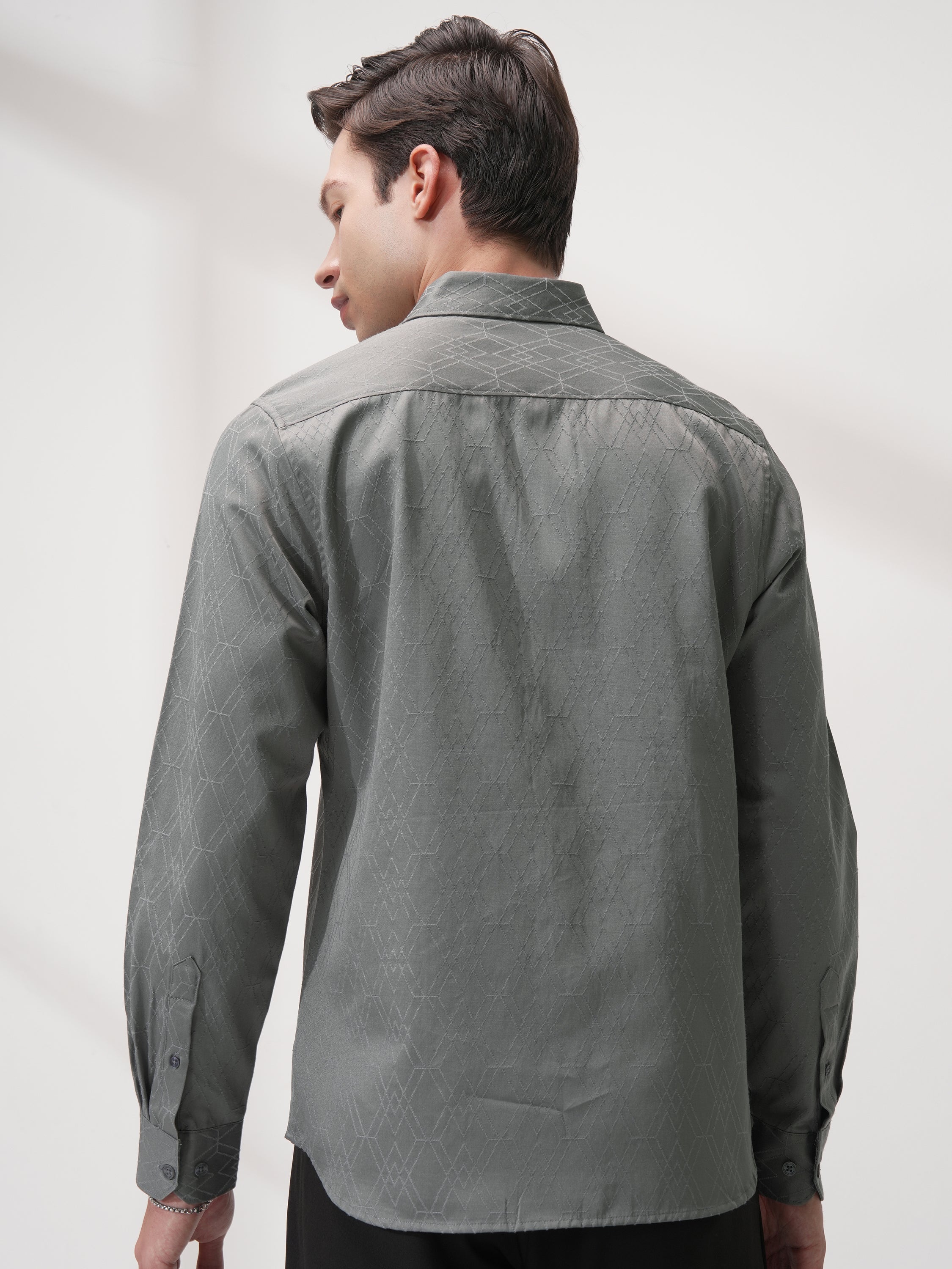 Highlander Men Grey Self Design Slim Fit Casual Shirt - Grey - Image 3