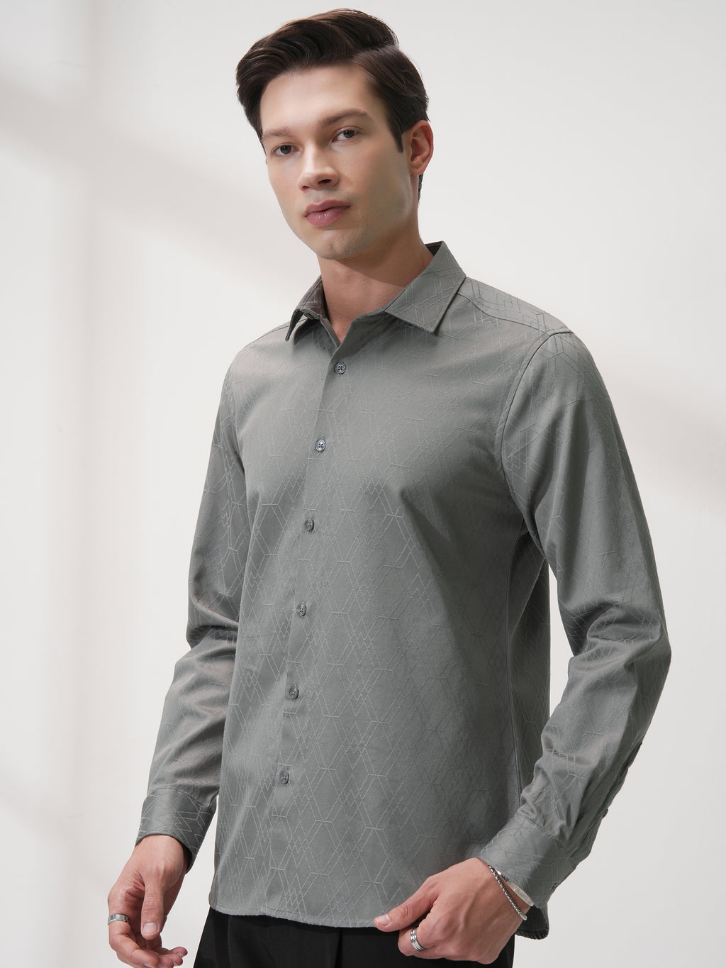 Highlander Men Grey Self Design Slim Fit Casual Shirt - Grey - Image 4