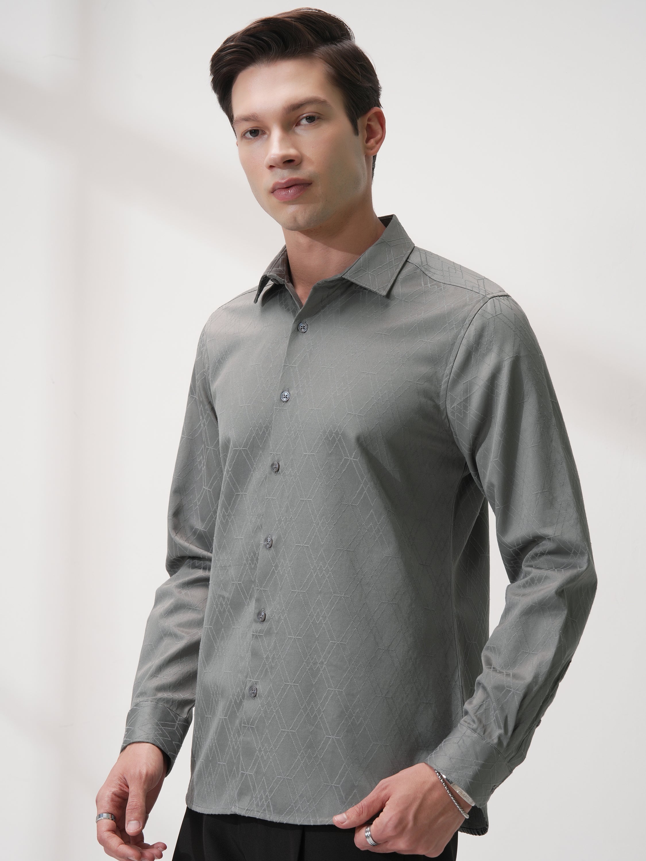 Highlander Men Grey Self Design Slim Fit Casual Shirt - Grey - Image 4