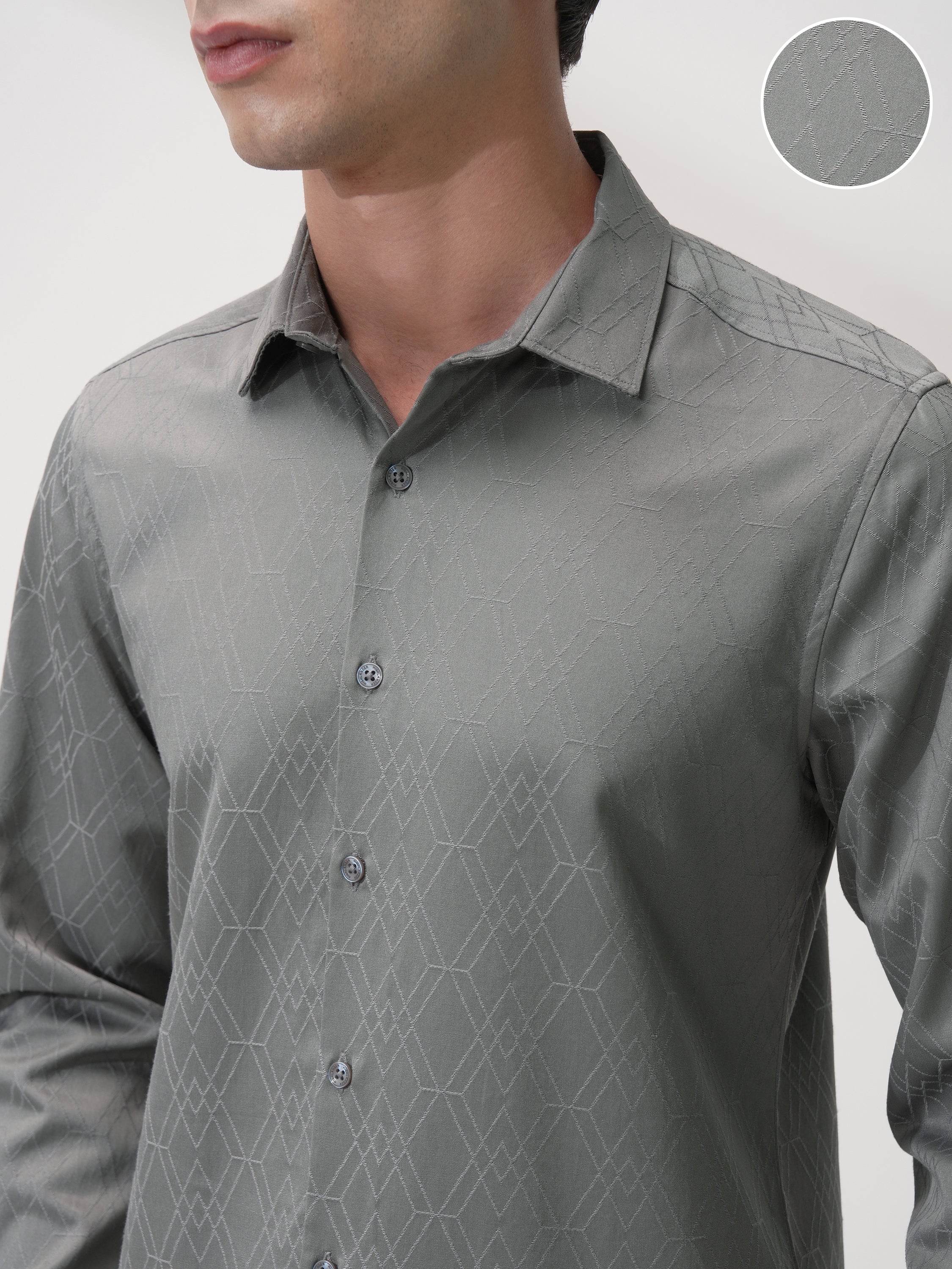 Highlander Men Grey Self Design Slim Fit Casual Shirt - Grey - Image 5