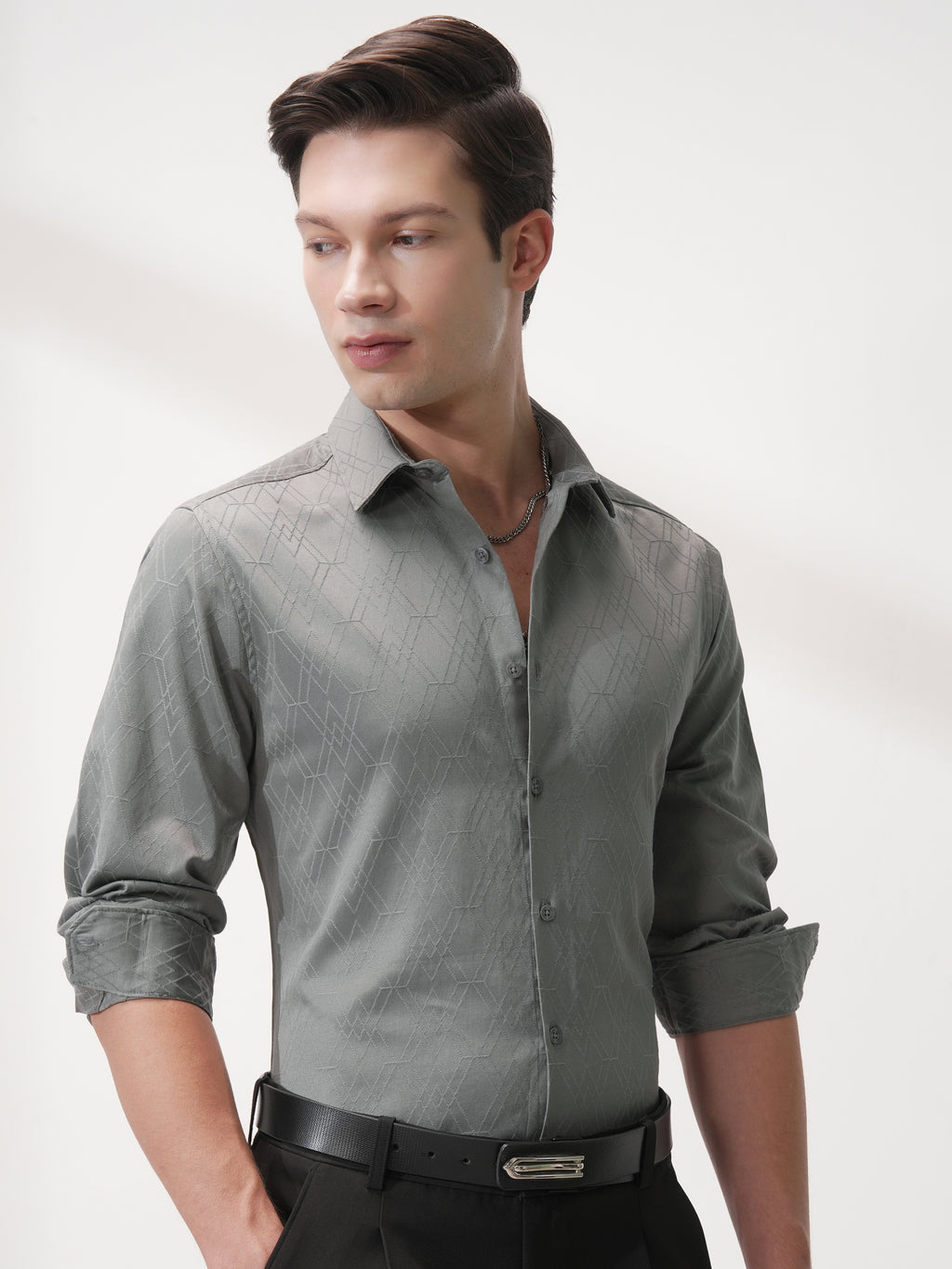 Highlander Men Grey Self Design Slim Fit Casual Shirt - Grey - Image 6
