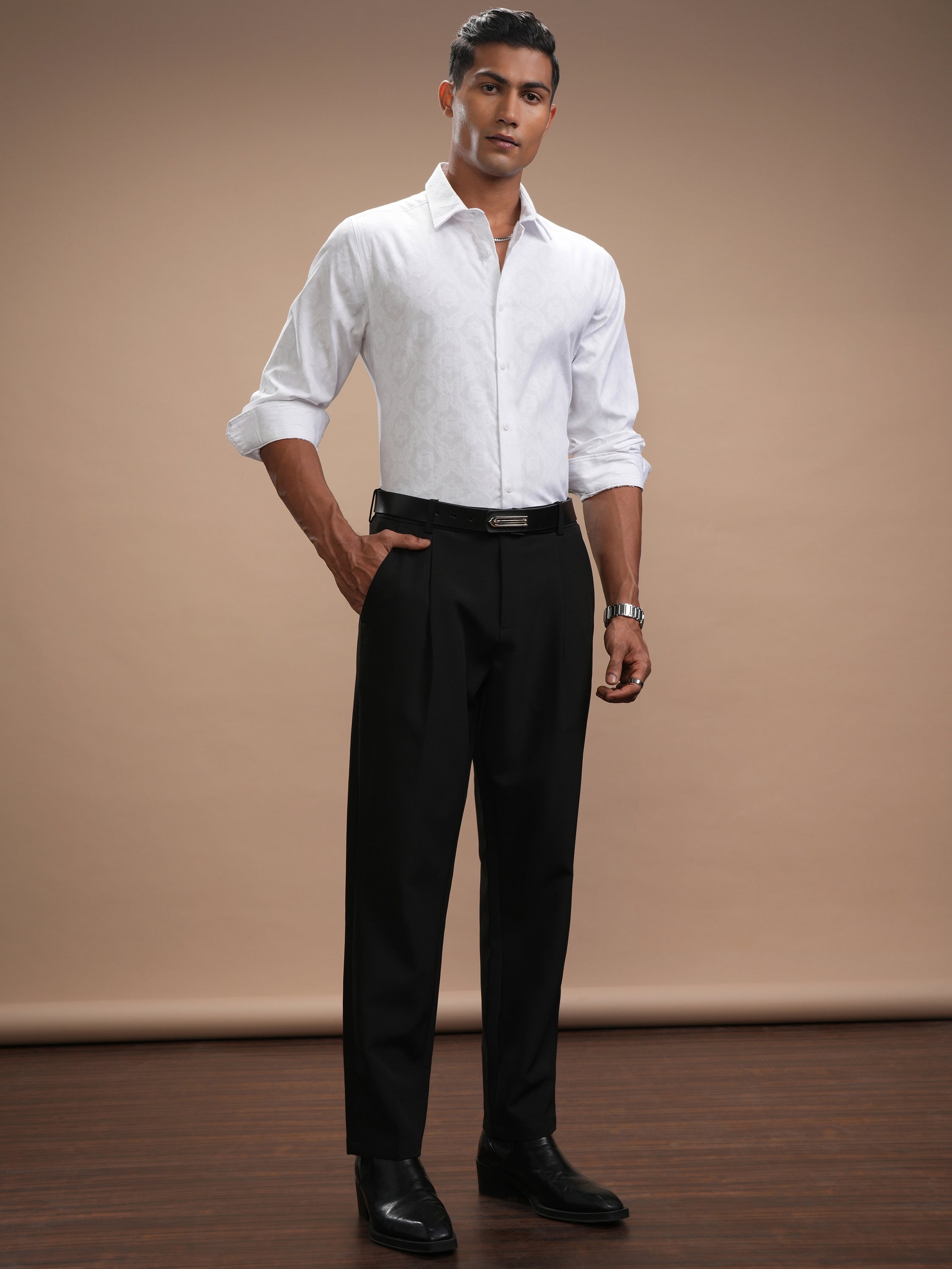 Highlander Men White Self Design Slim Fit Casual Shirt - White - Image 2