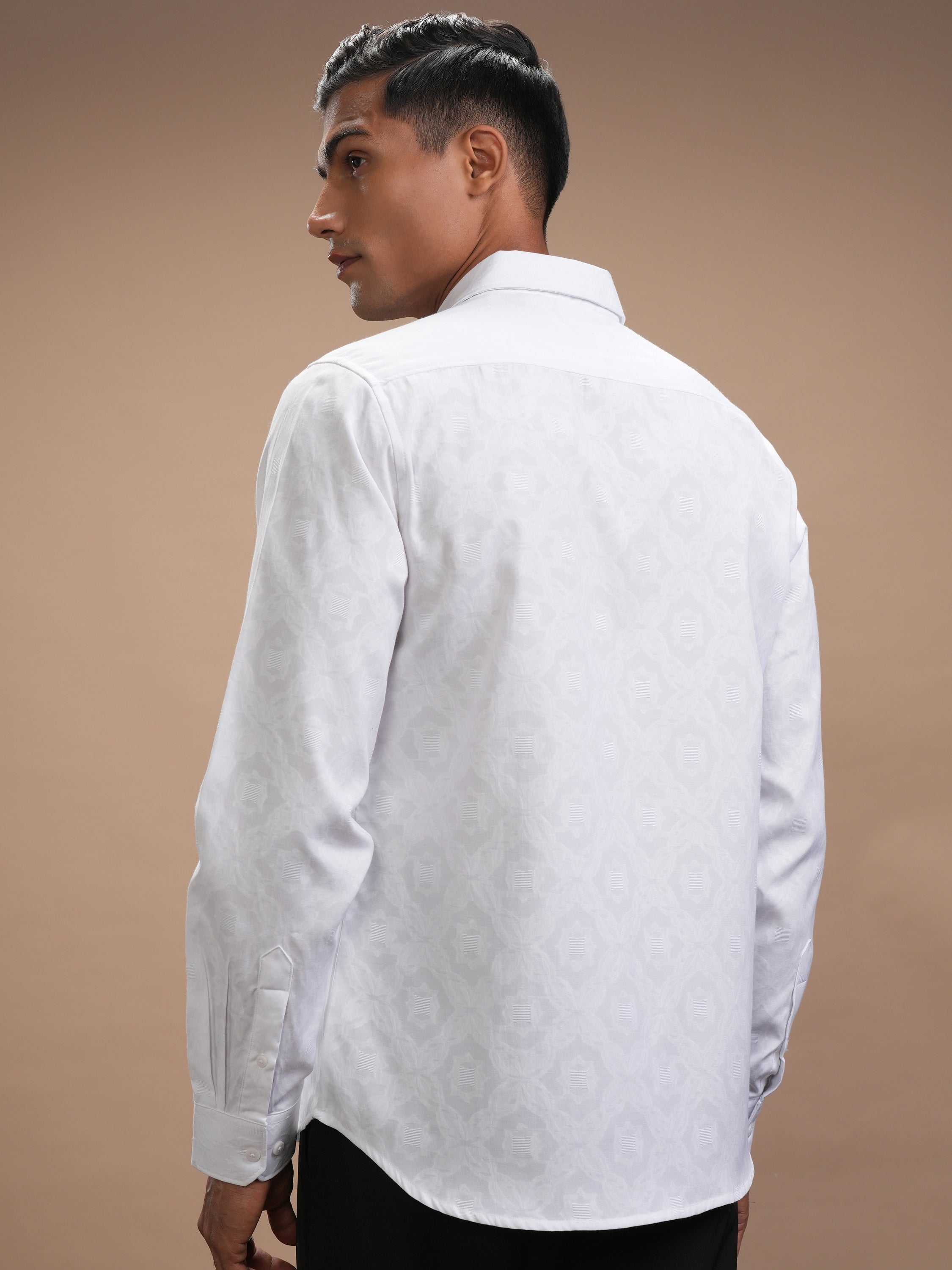 Highlander Men White Self Design Slim Fit Casual Shirt - White - Image 3