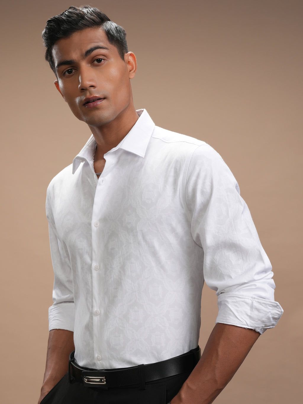 Highlander Men White Self Design Slim Fit Casual Shirt - White - Image 4