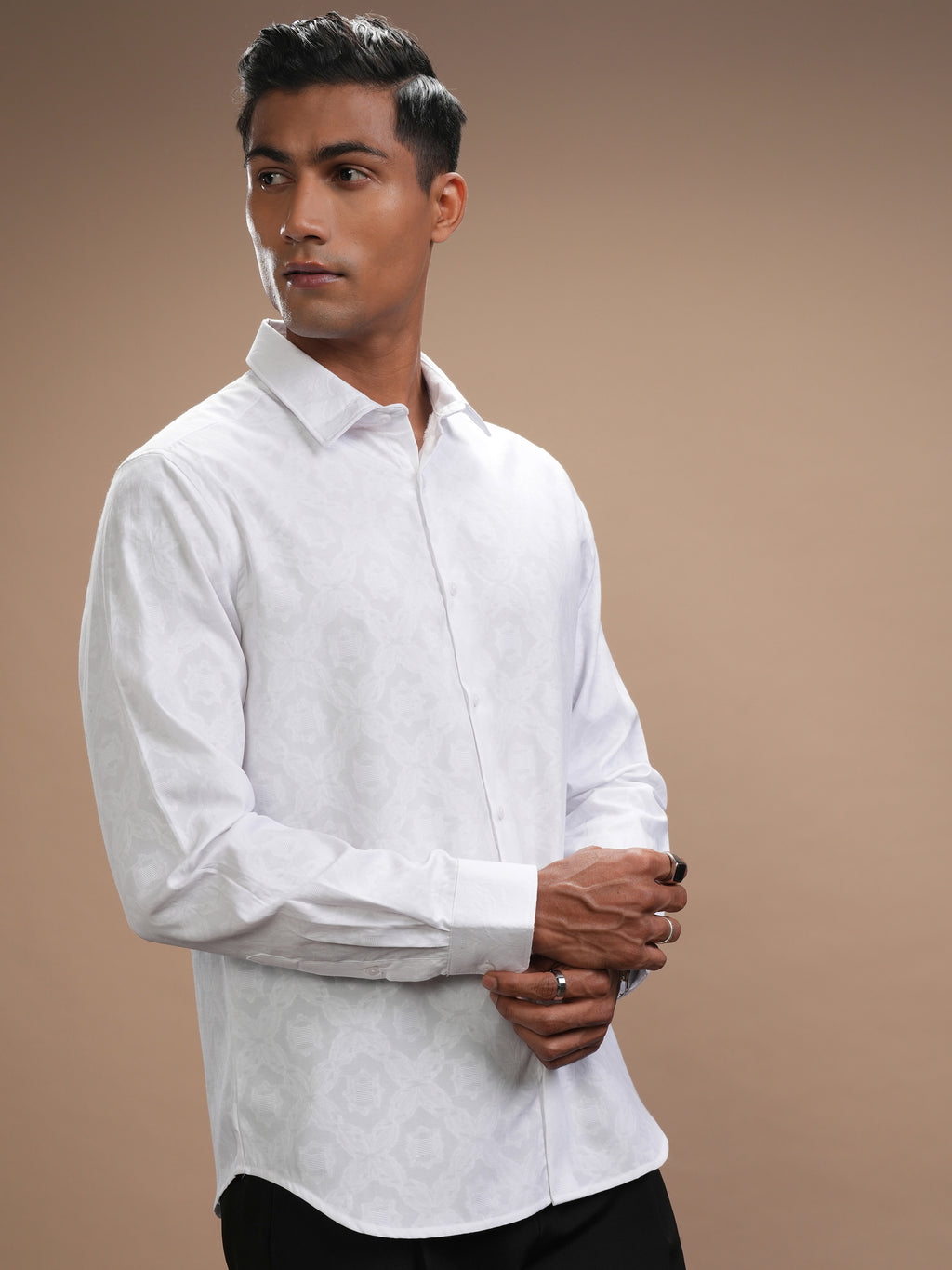 Highlander Men White Self Design Slim Fit Casual Shirt - White - Image 6