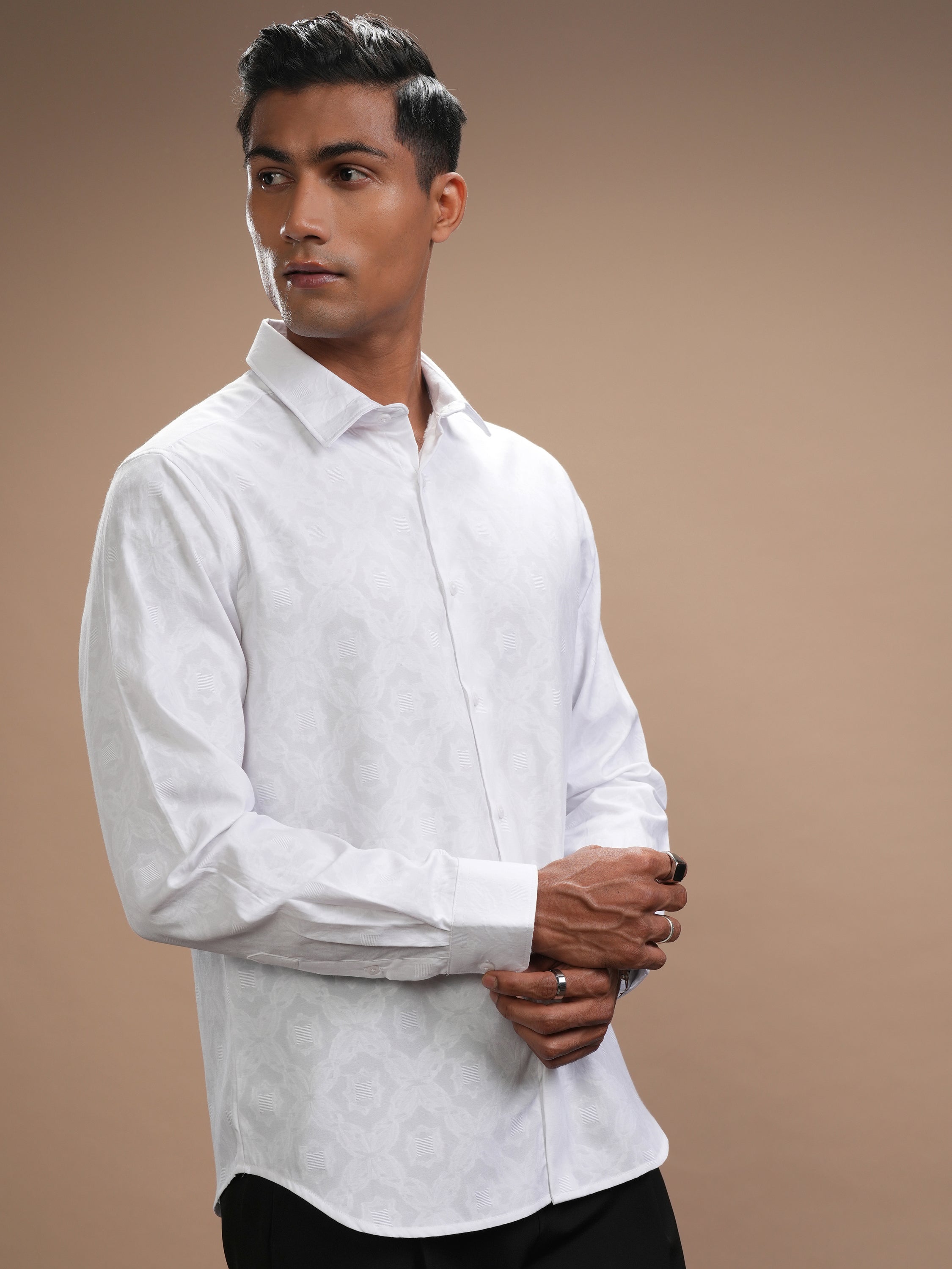 Highlander Men White Self Design Slim Fit Casual Shirt - White - Image 6