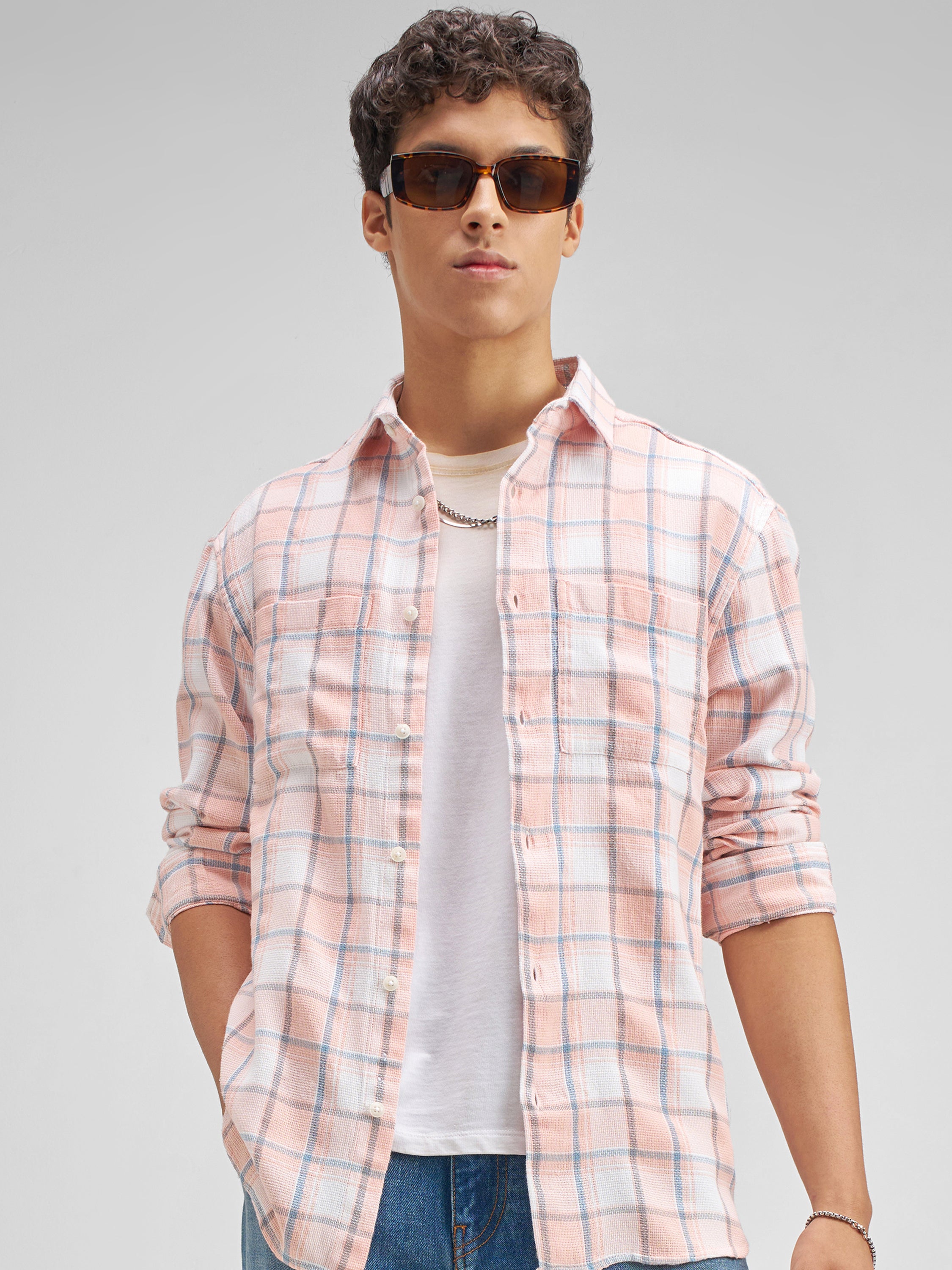 Highlander Men Peach Checked Regular Fit Casual Shirt - Peach - Image 1