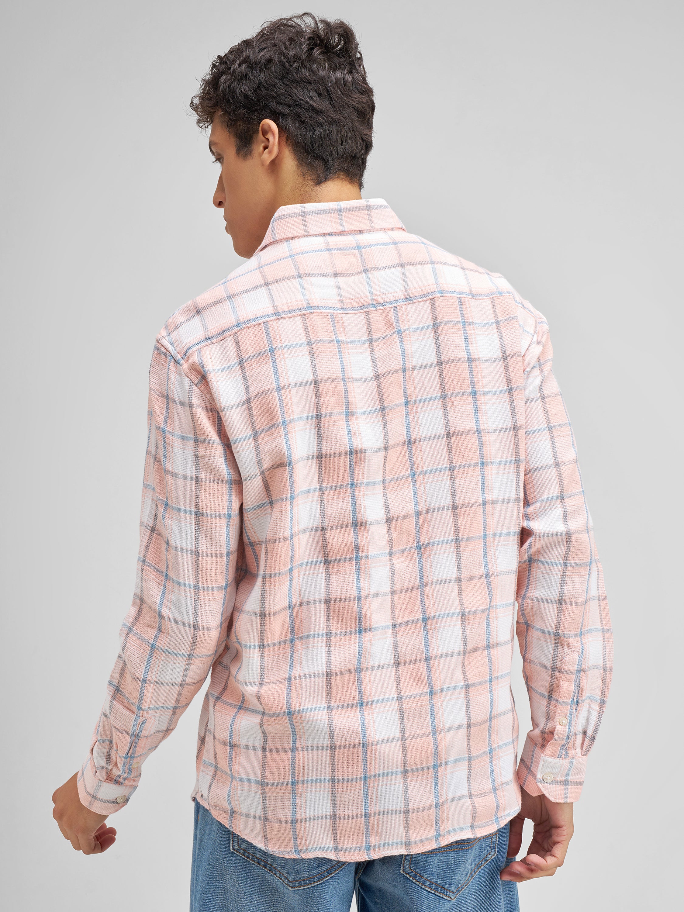 Highlander Men Peach Checked Regular Fit Casual Shirt - Peach - Image 3