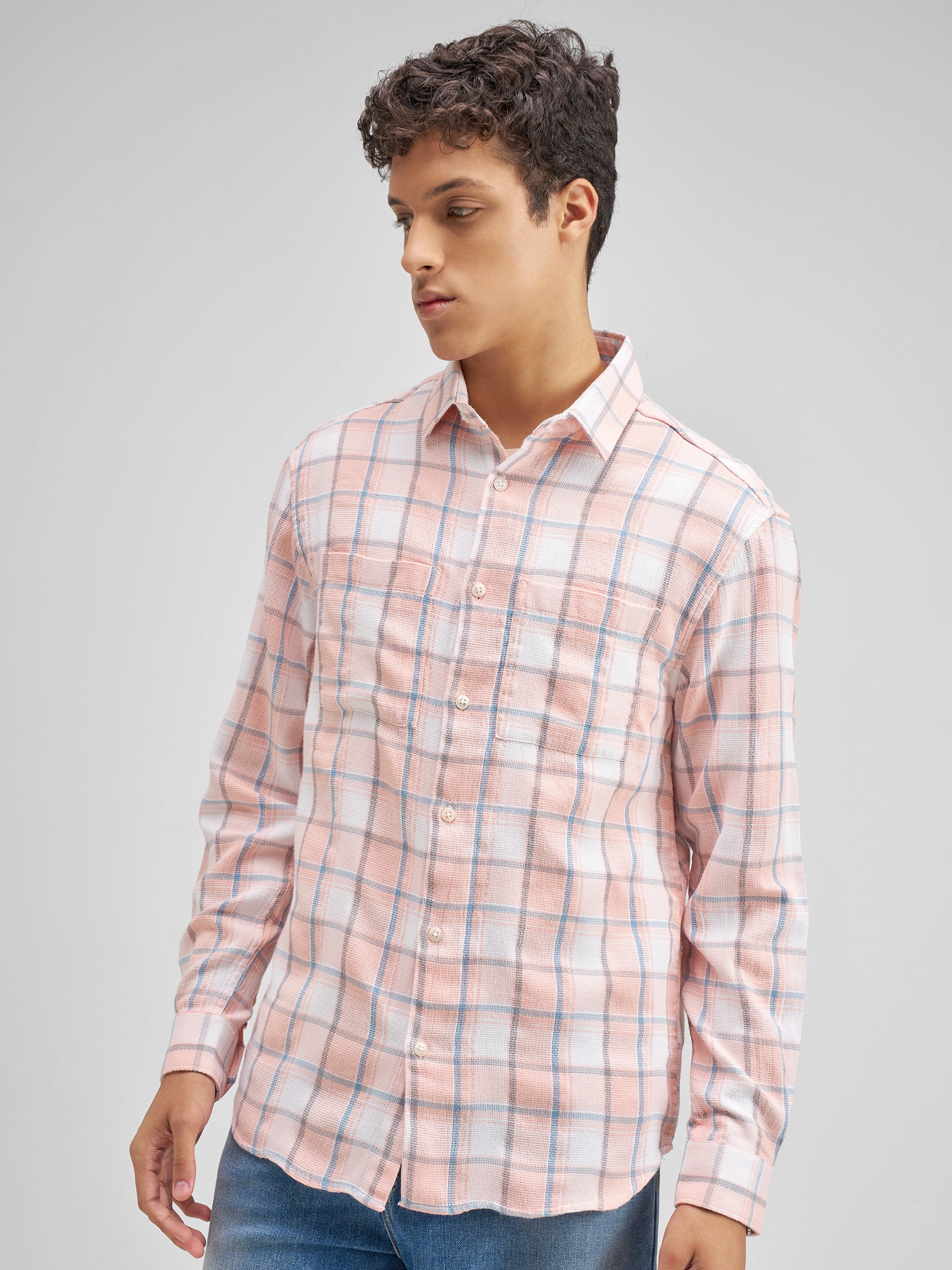 Highlander Men Peach Checked Regular Fit Casual Shirt - Peach - Image 4
