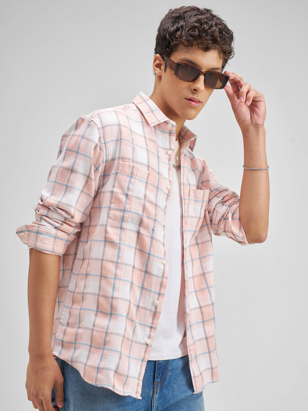 Highlander Men Peach Checked Regular Fit Casual Shirt - Peach - Image 6