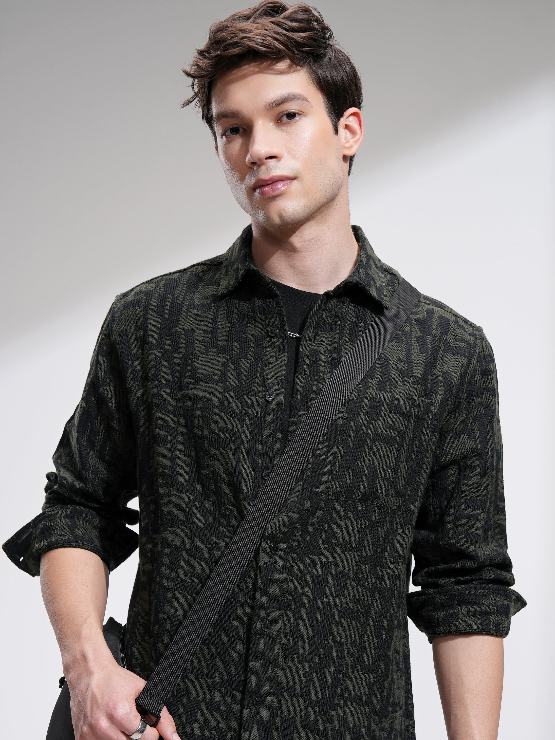 Highlander Men Olive Printed Relaxed Fit Casual Shirt - Olive - Image 1
