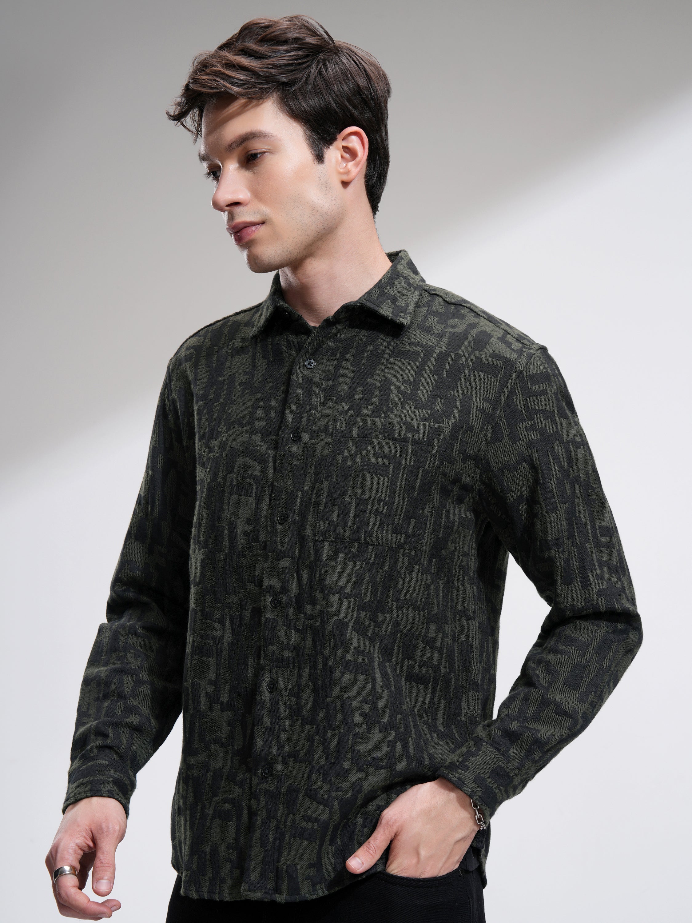 Highlander Men Olive Printed Relaxed Fit Casual Shirt - Olive - Image 4