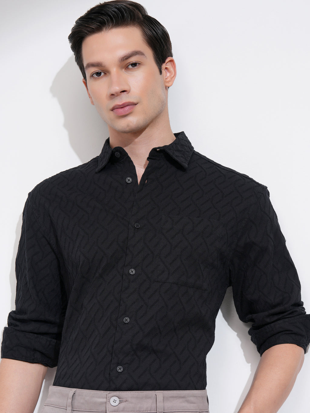 Highlander Men Black Textured Relaxed Fit Casual Shirt - Black - Image 1