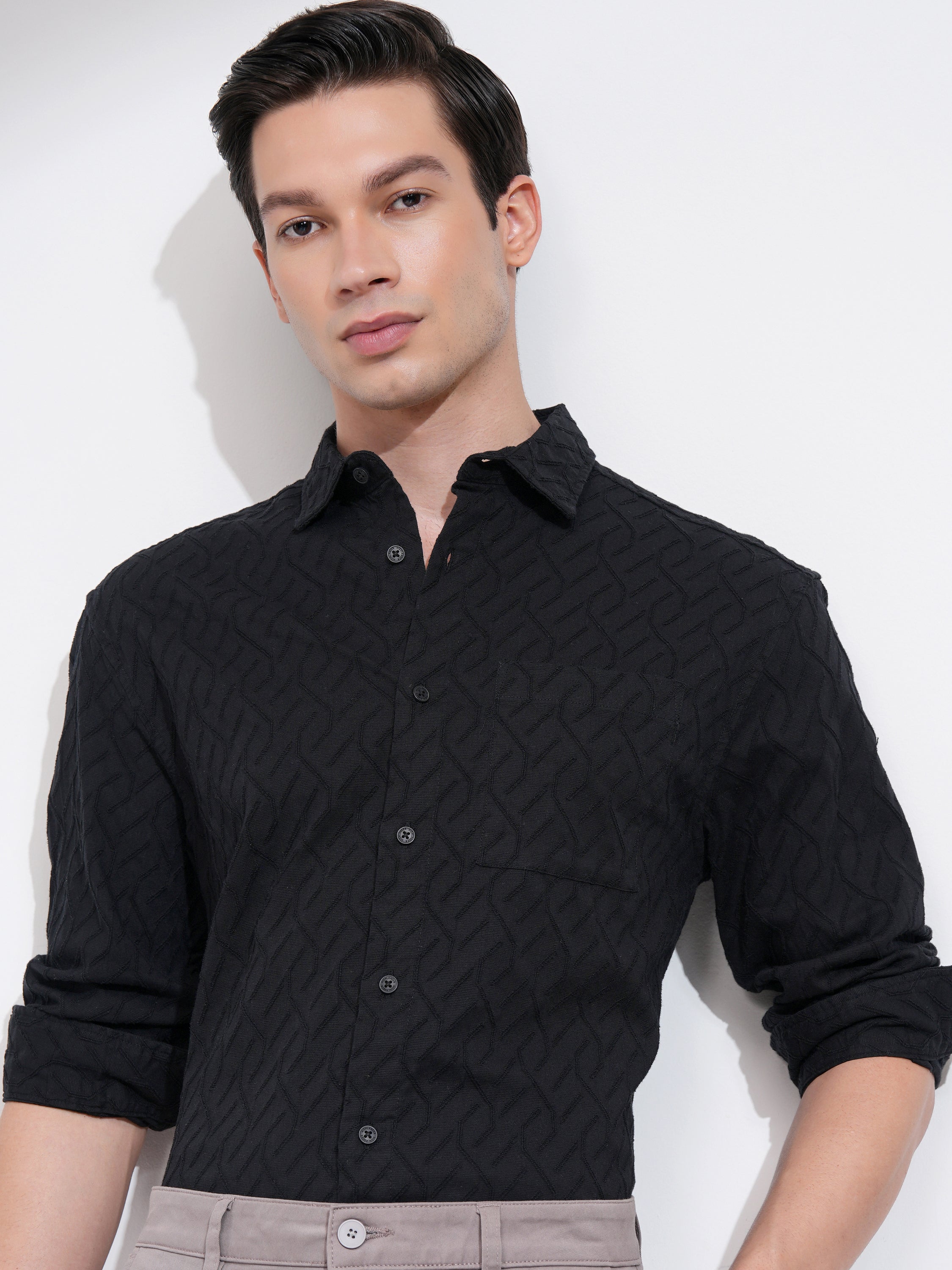 Highlander Men Black Textured Relaxed Fit Casual Shirt - Black - Image 1