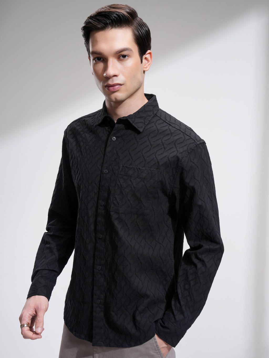 Highlander Men Black Textured Relaxed Fit Casual Shirt - Black - Image 4