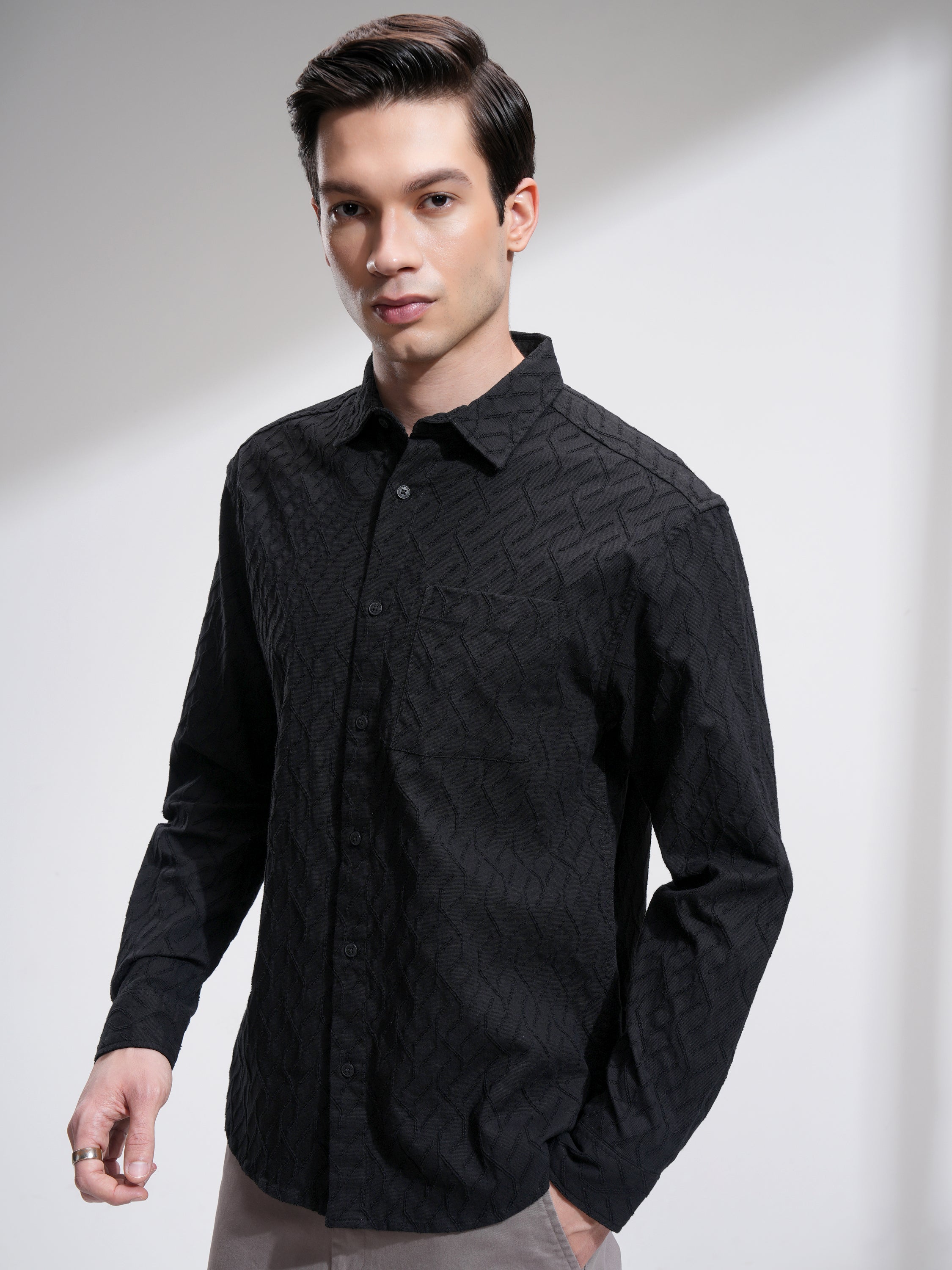 Highlander Men Black Textured Relaxed Fit Casual Shirt - Black - Image 4