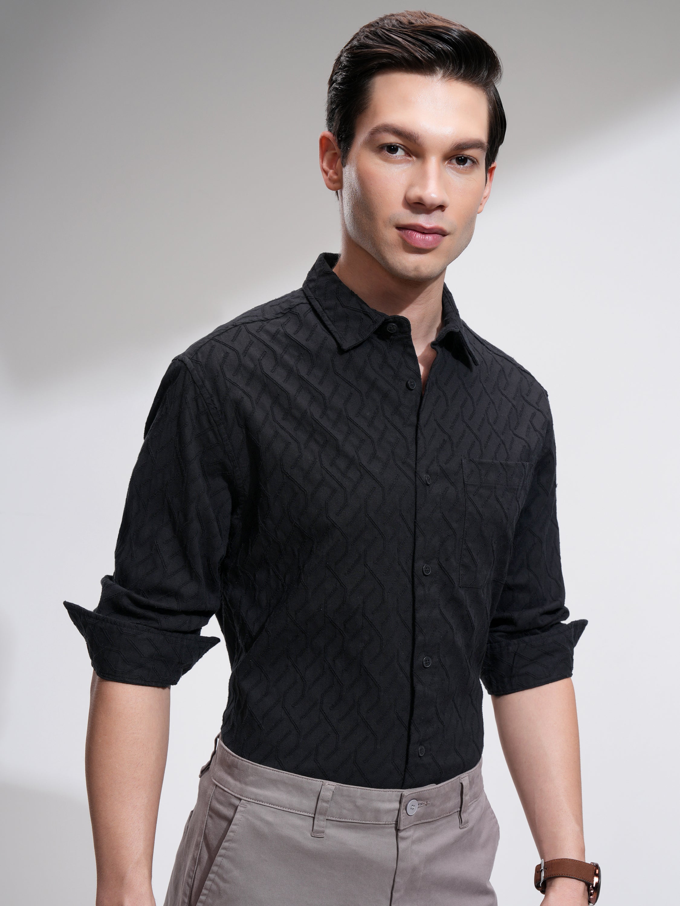 Highlander Men Black Textured Relaxed Fit Casual Shirt - Black - Image 6